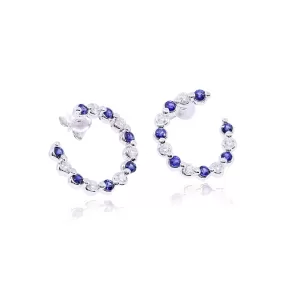 14K WHITE GOLD ALTERNATING DIAMOND AND SAPPHIRE ANGLED HOOP EARRINGS