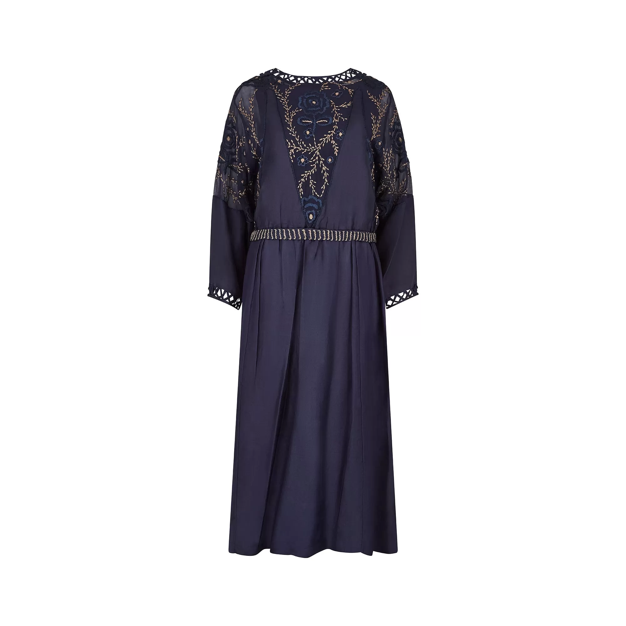 1910s Midnight Blue Silk Dress with Embroidered Chiffon Inserts