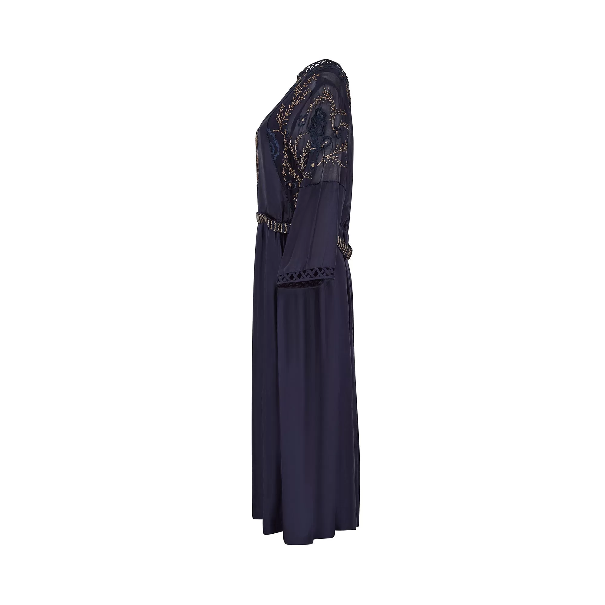 1910s Midnight Blue Silk Dress with Embroidered Chiffon Inserts