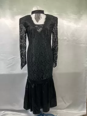 1980's Prom Black Lace Long Sleeve Dress Vintage Women's Dress Size sm/med