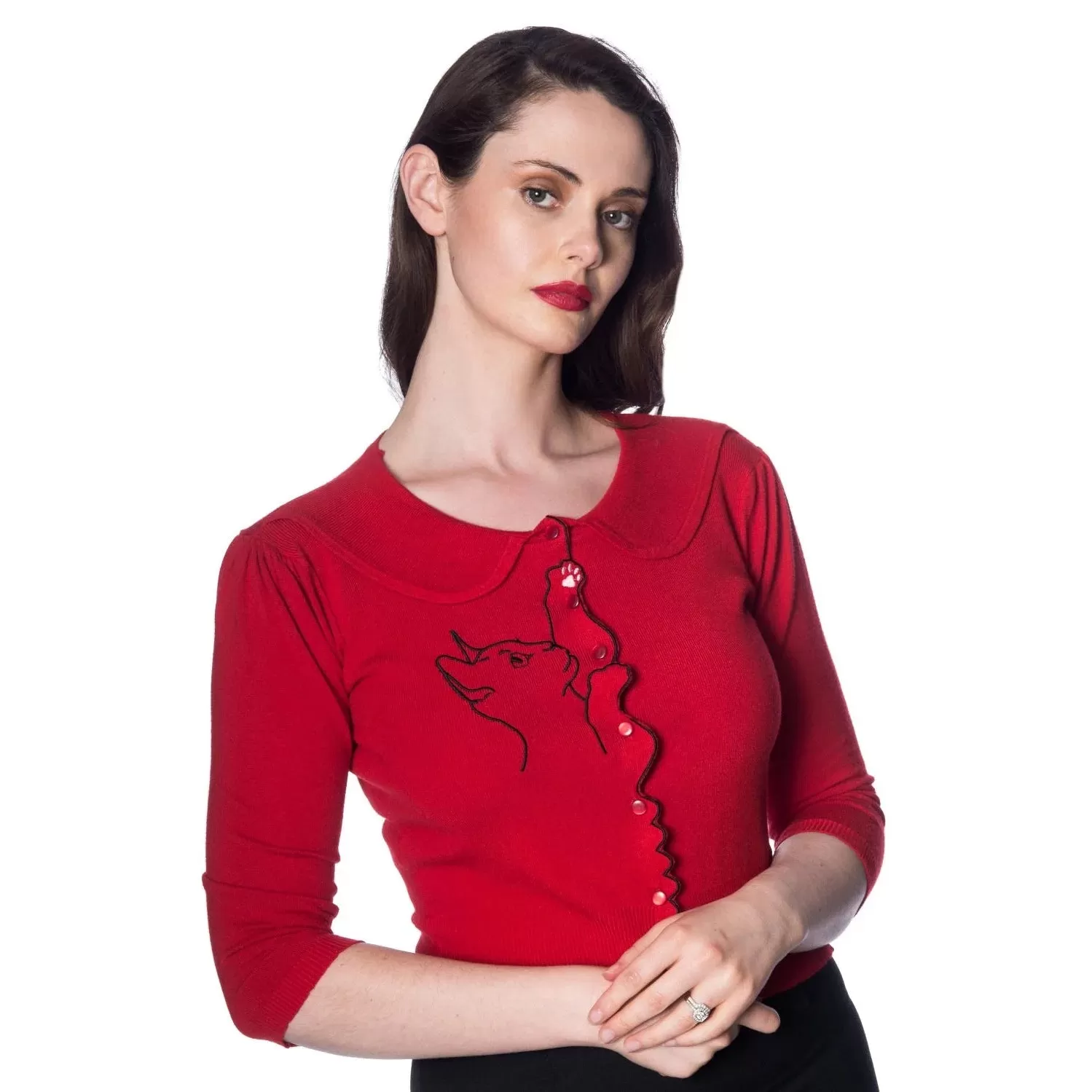 3/4 Sleeve Red Kitten Embroidered Crop Cardigan