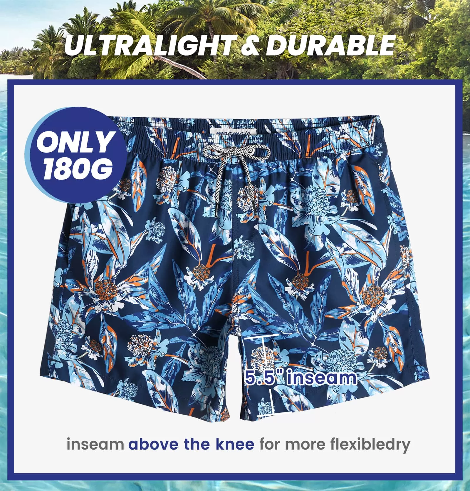 5.5 Inch Inseam Blue Ice Flower Swim Trunks