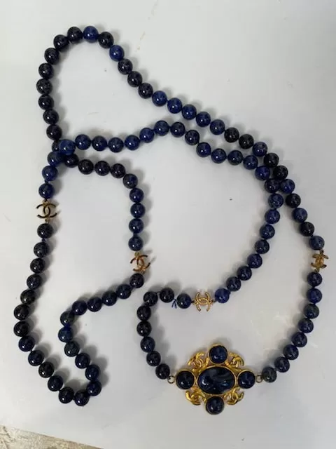 95A, 1995 Fall Vintage Chanel Long Strand Blue Gold Stone CC Necklace