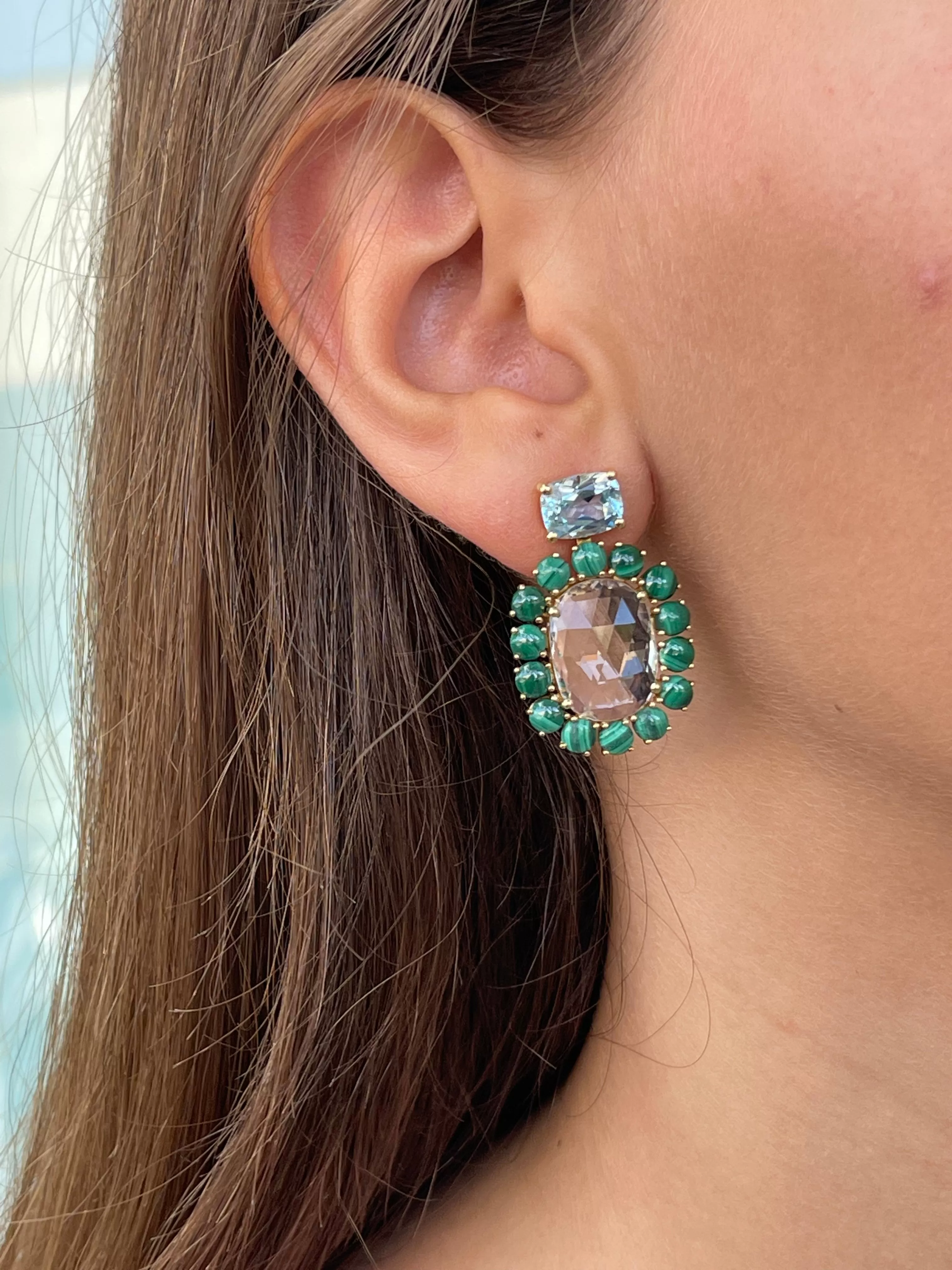 A & Furst - Sole - Mismatched Drop Earrings with Rock Crystal, Blue Topaz, Prasiolite, Lapis and Malachite, 18k Yellow Gold