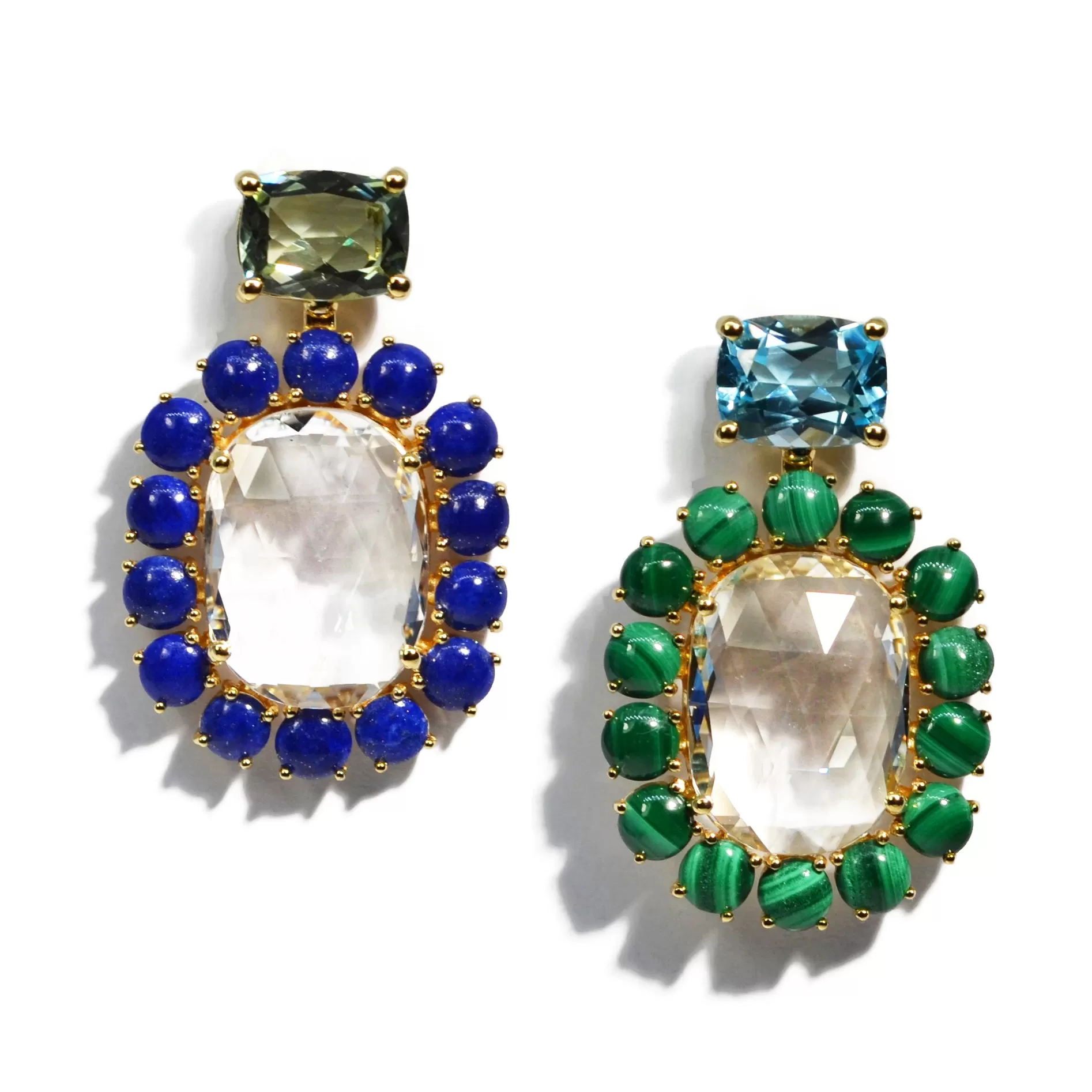 A & Furst - Sole - Mismatched Drop Earrings with Rock Crystal, Blue Topaz, Prasiolite, Lapis and Malachite, 18k Yellow Gold