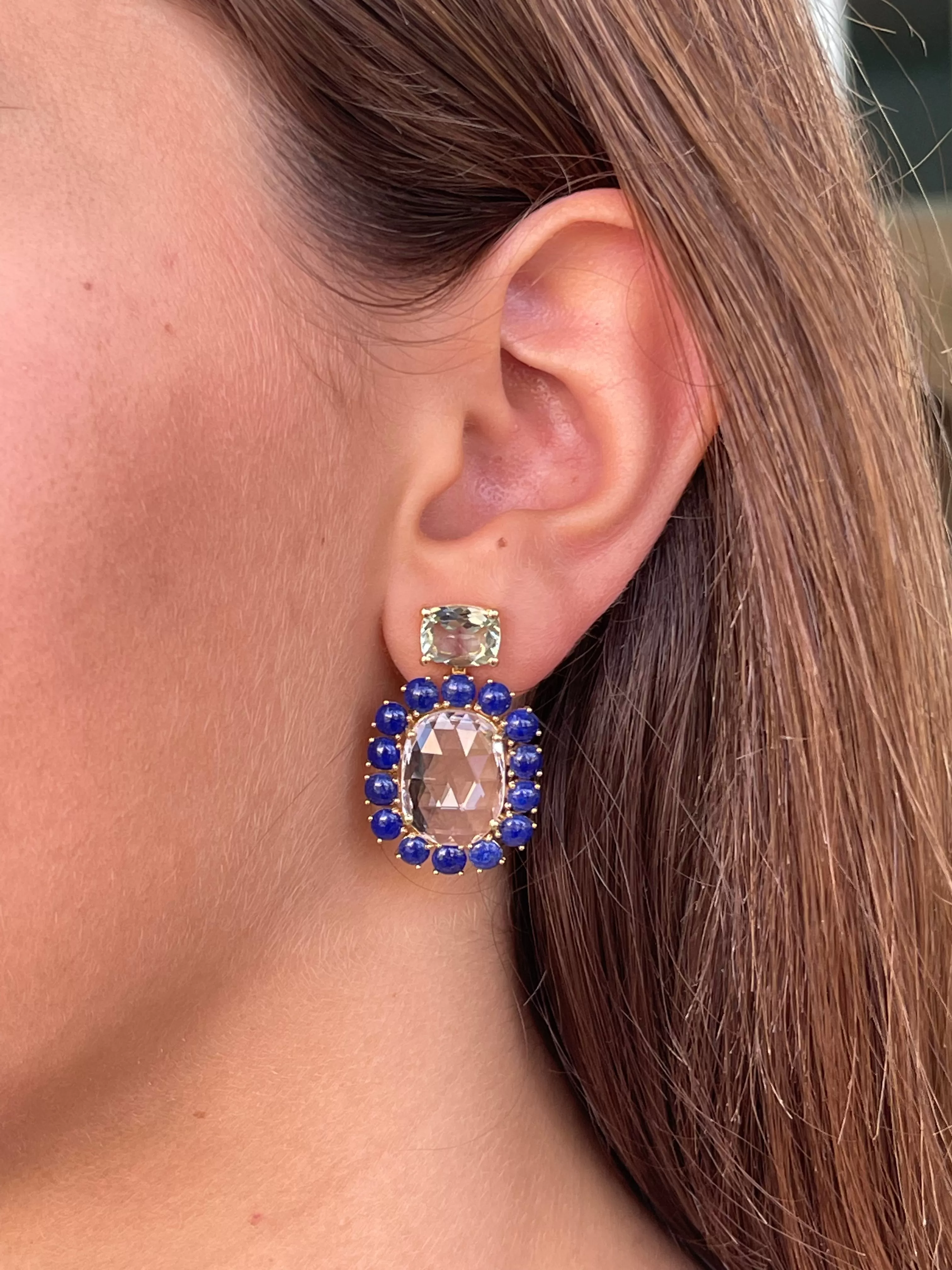 A & Furst - Sole - Mismatched Drop Earrings with Rock Crystal, Blue Topaz, Prasiolite, Lapis and Malachite, 18k Yellow Gold