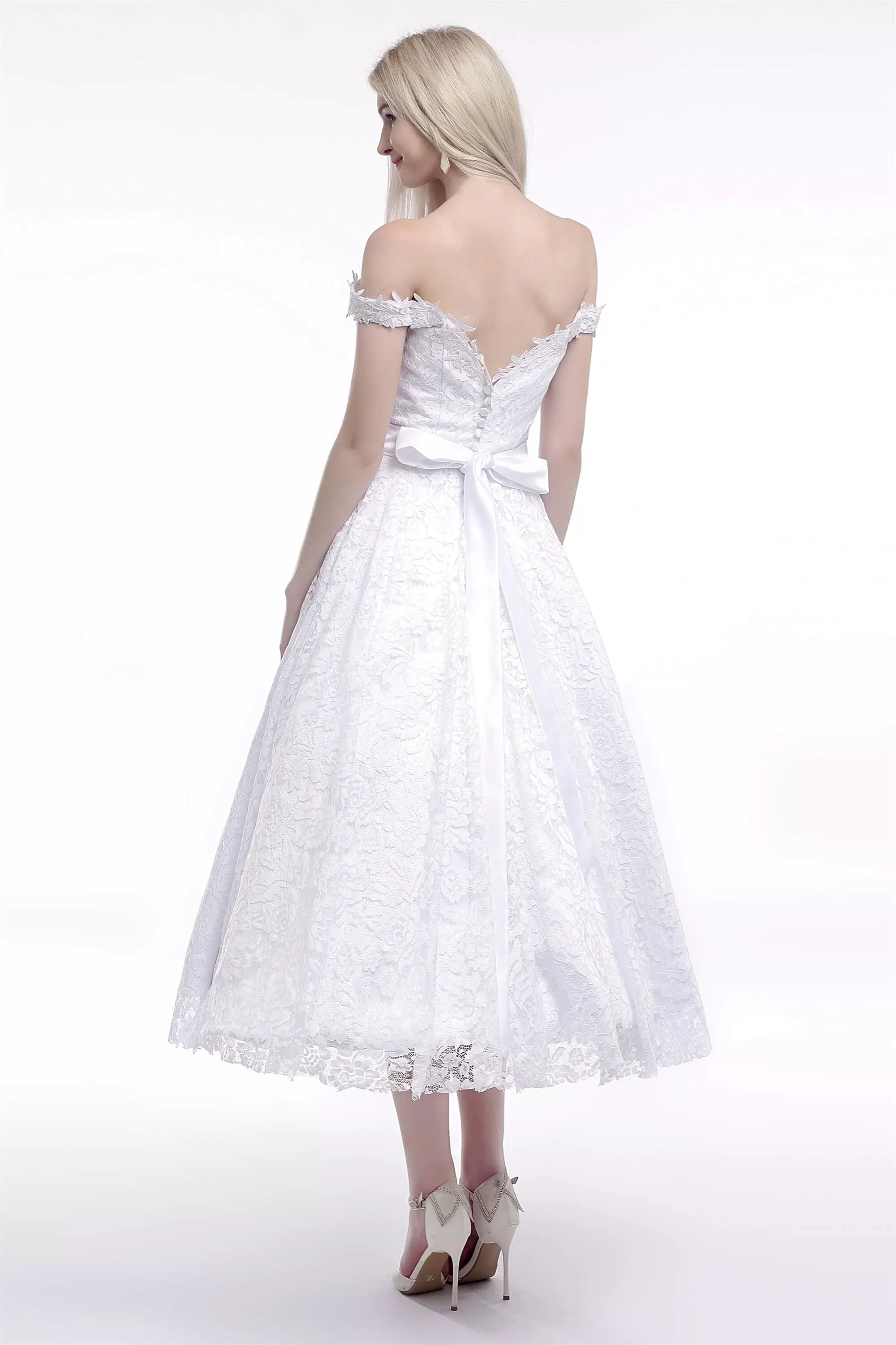 A Line Tea Length Lace Off Shoulder Mid-length Wedding Dresses