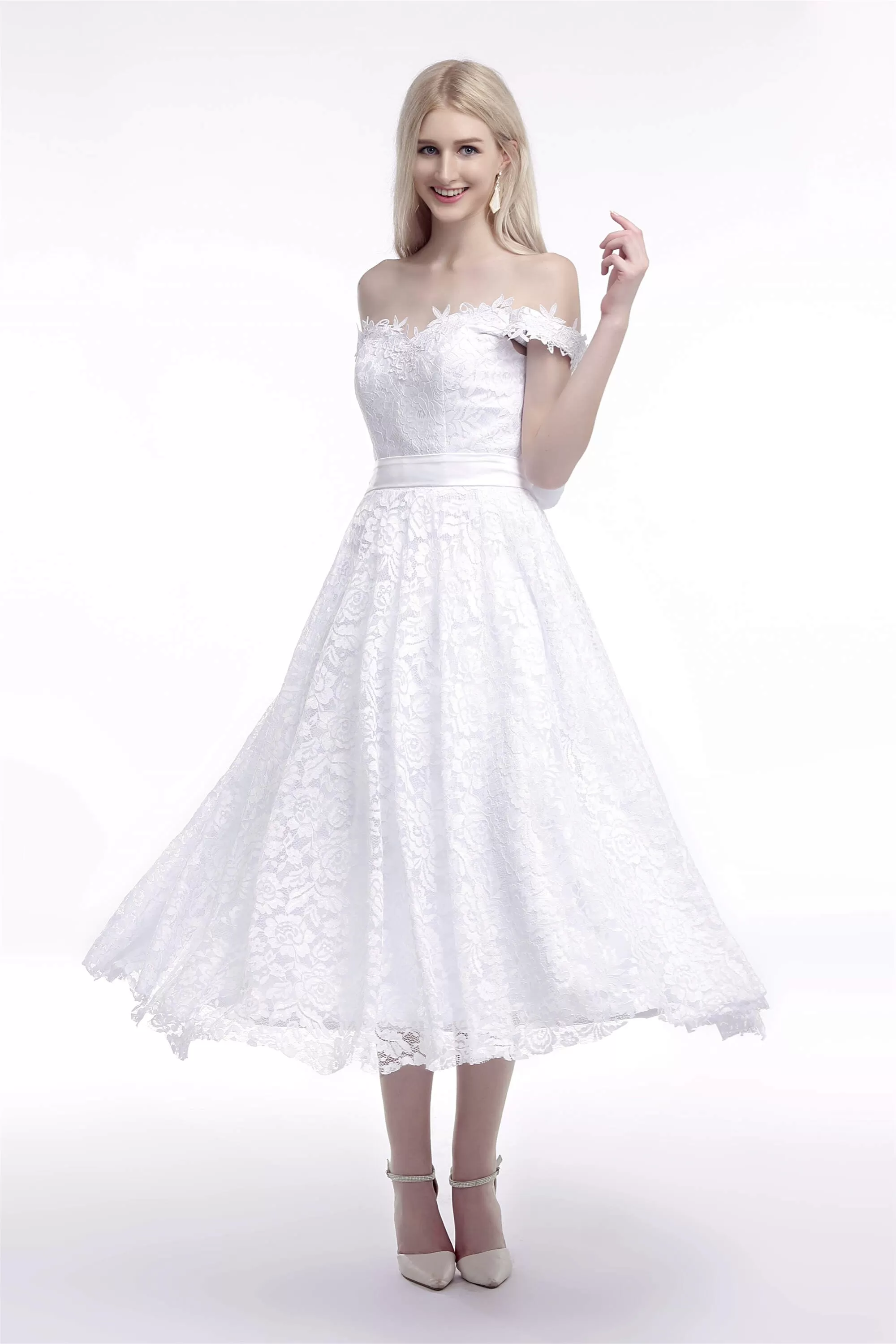 A Line Tea Length Lace Off Shoulder Mid-length Wedding Dresses