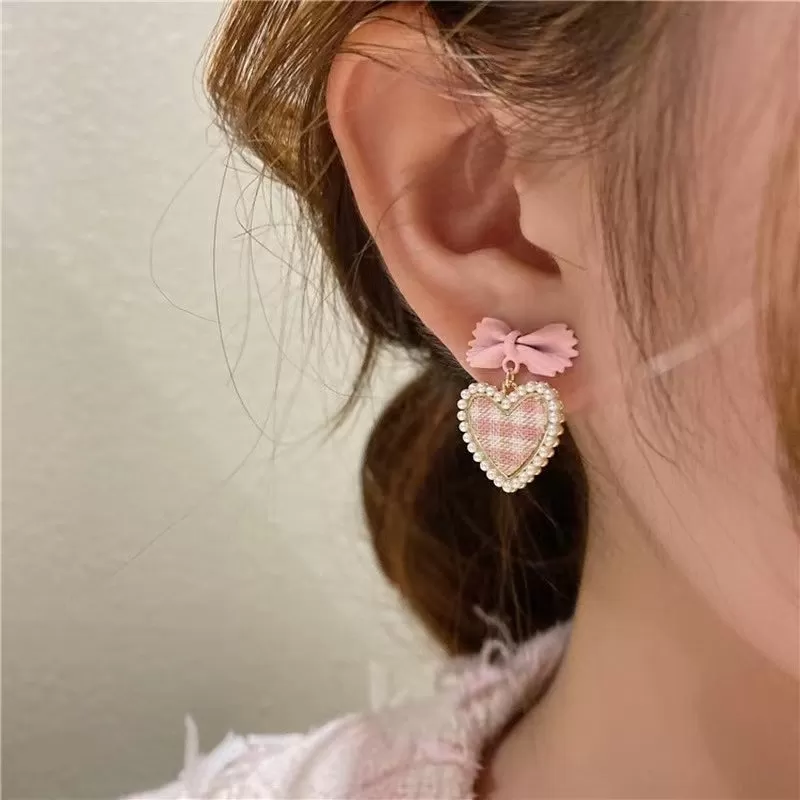 Add a Touch of Love to Your Look with Cute Pink Love Heart Bowknot Dangle Stud Earrings - Perfect Valentine's Day Gift for Women and Girls