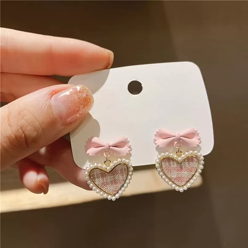 Add a Touch of Love to Your Look with Cute Pink Love Heart Bowknot Dangle Stud Earrings - Perfect Valentine's Day Gift for Women and Girls