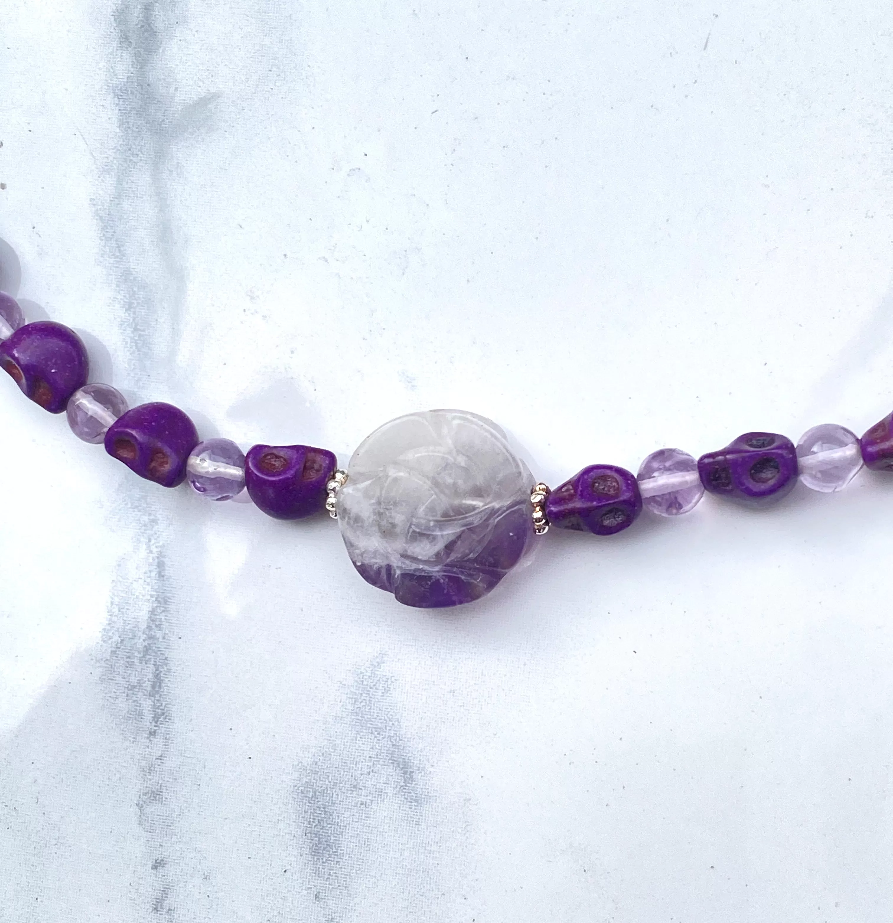 Amethyst gemstone and Howlite Skull and Rose Necklace