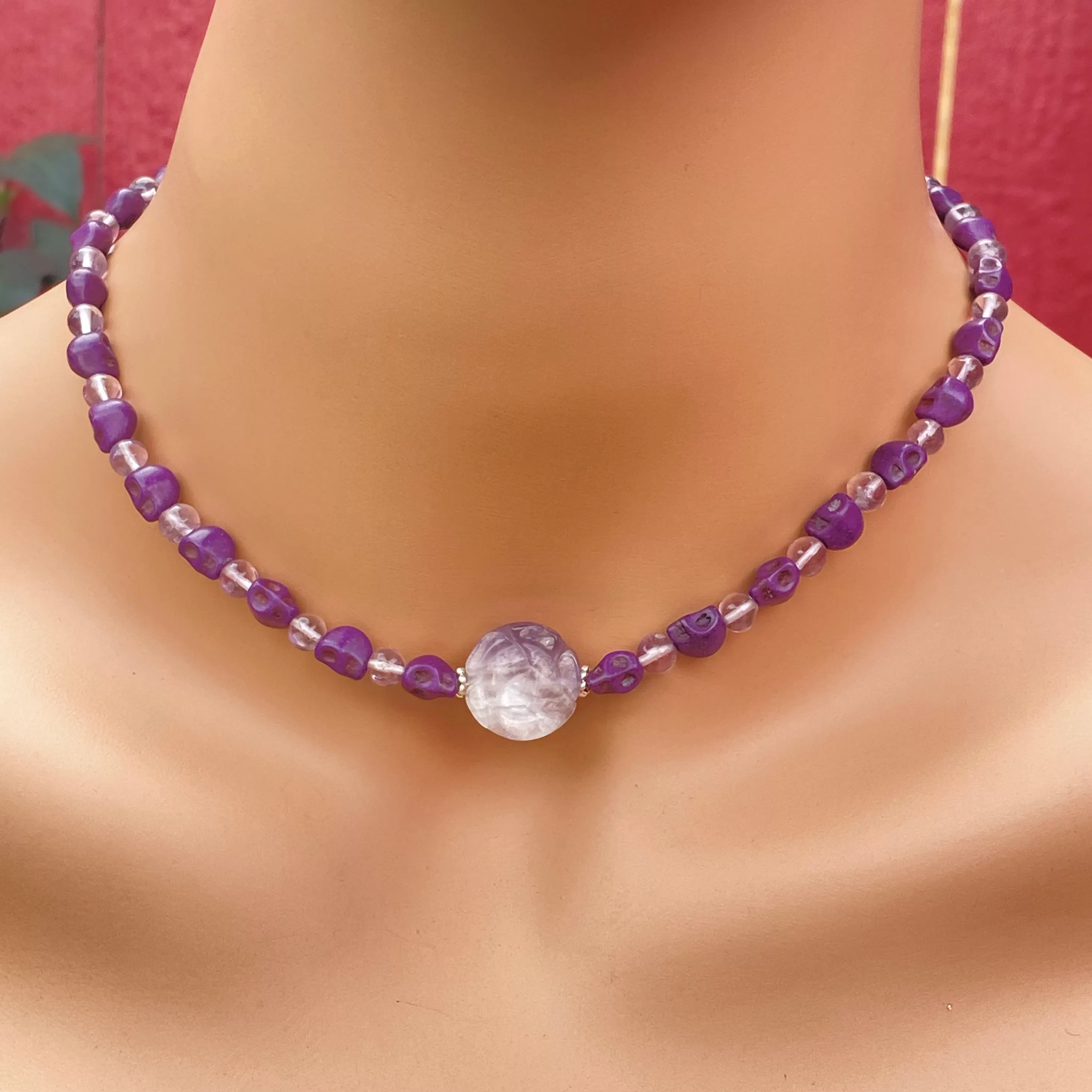 Amethyst gemstone and Howlite Skull and Rose Necklace