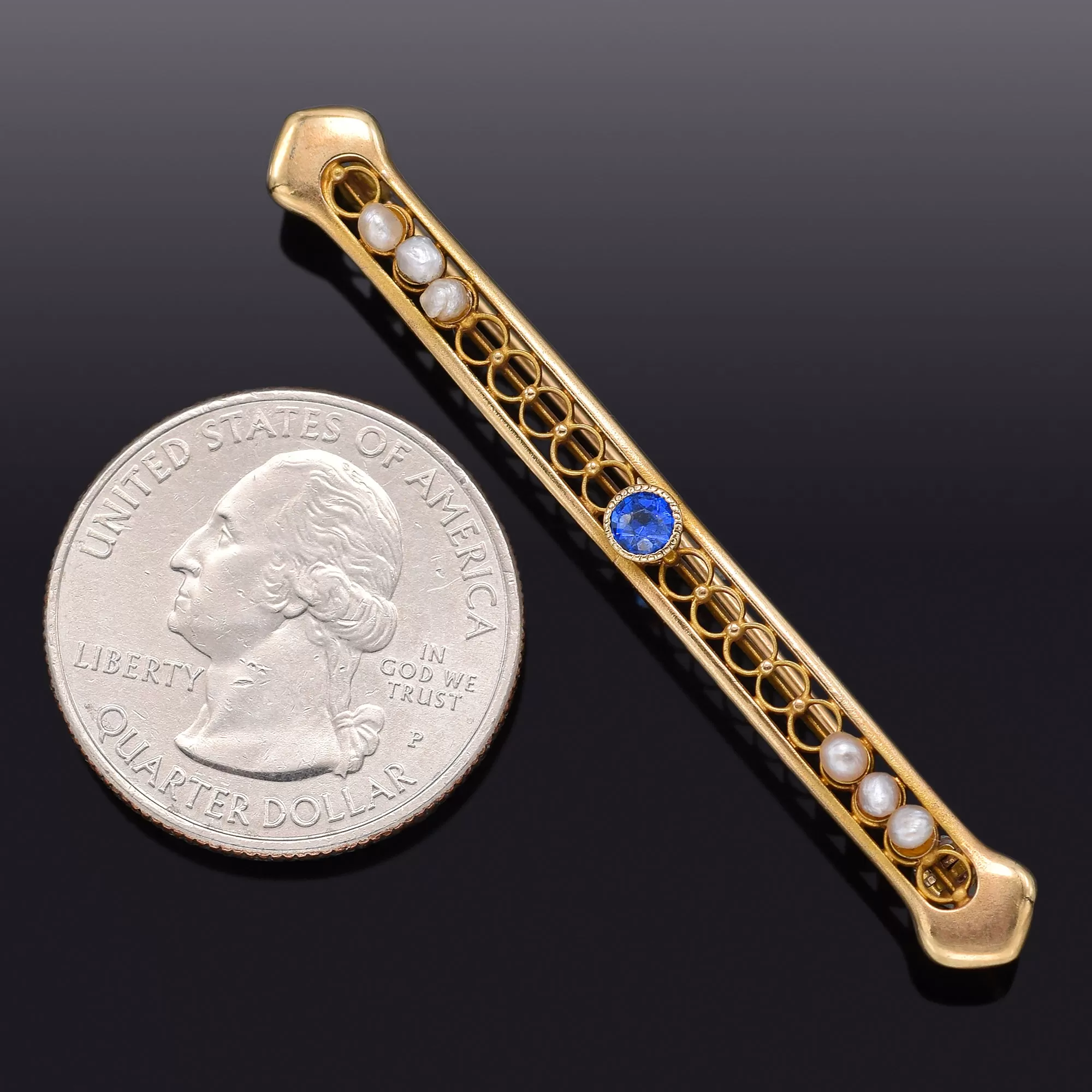 Antique 10K Gold Blue Paste & Sea Pearl Art Deco Bar Brooch Pin 56.2 x 6.7 mm