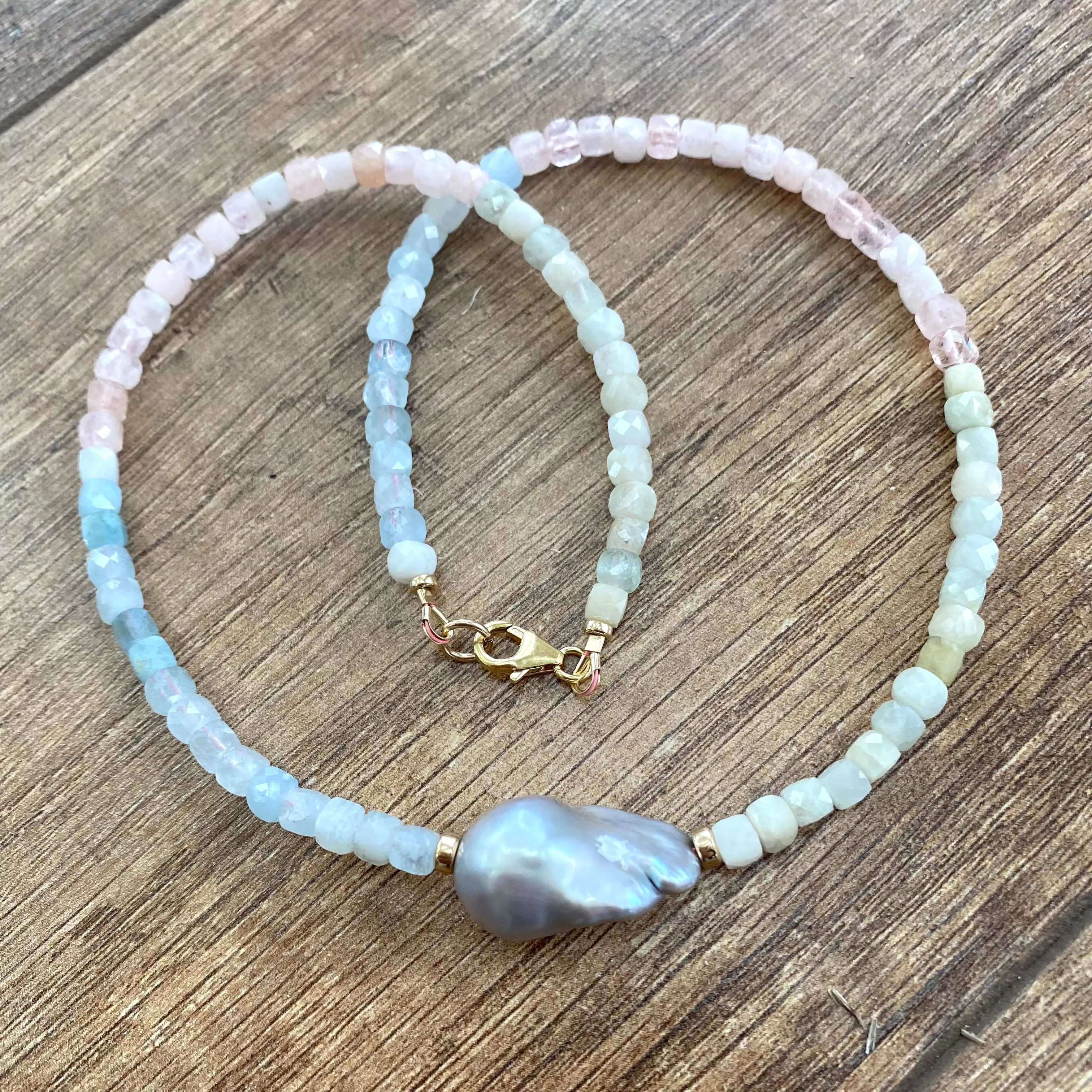 Aquamarine & Morganite Beaded Necklace w Freshwater Grey Baroque Pearl, Gold Filled Details, 17inches, March Birthstone