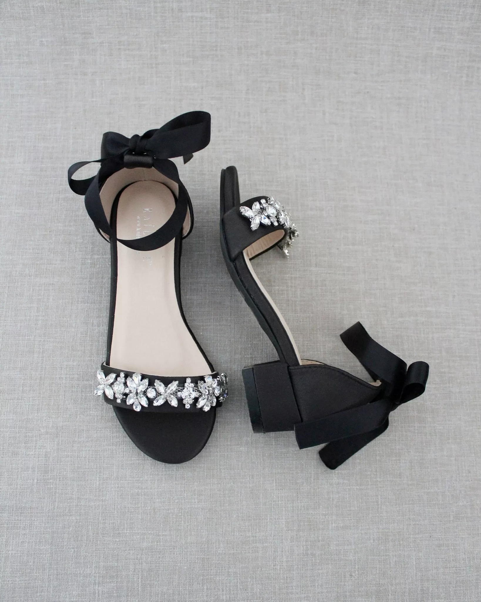 Black Satin Girls Block Heel Sandals with Floral Rhinestones