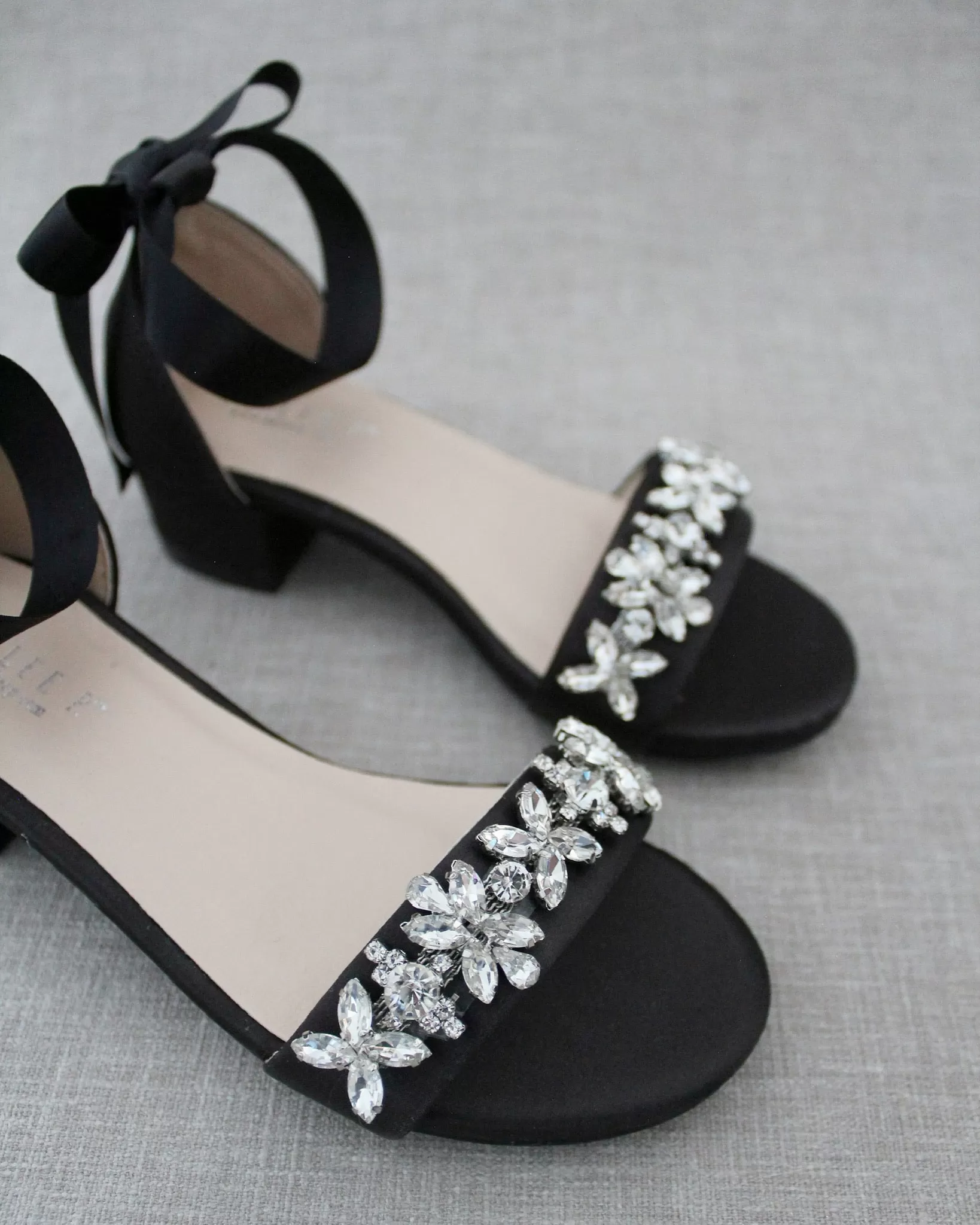 Black Satin Girls Block Heel Sandals with Floral Rhinestones