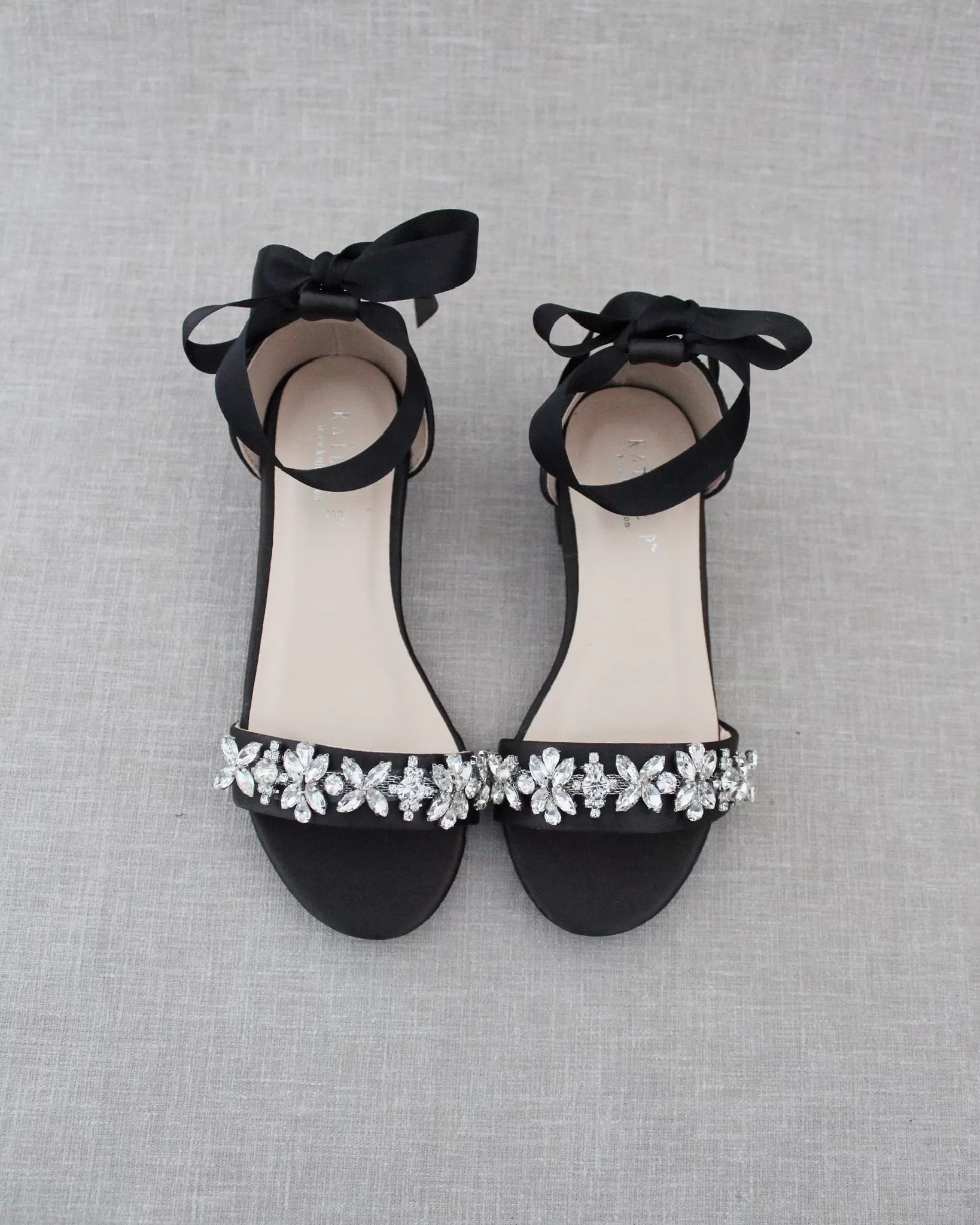 Black Satin Girls Block Heel Sandals with Floral Rhinestones