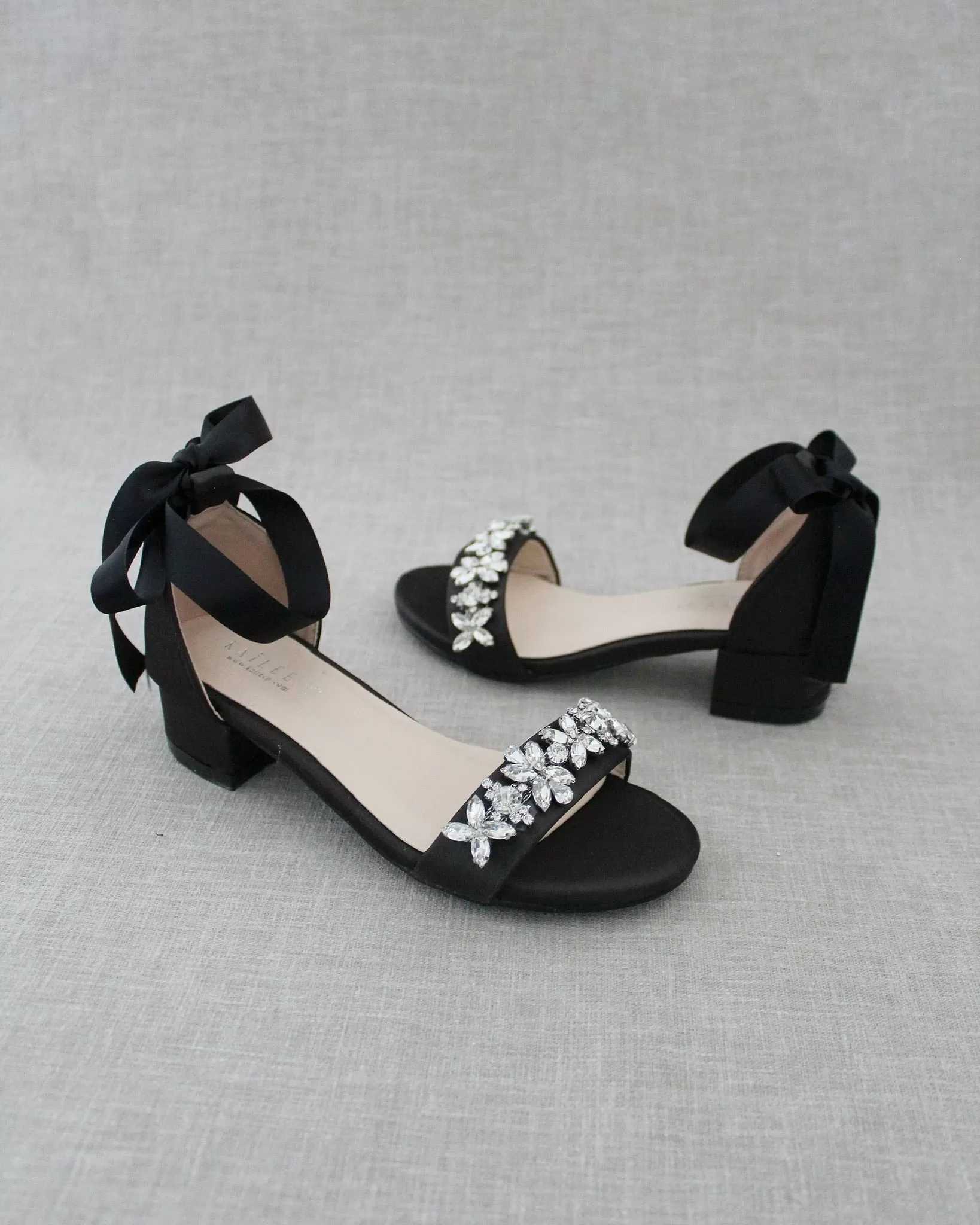 Black Satin Girls Block Heel Sandals with Floral Rhinestones