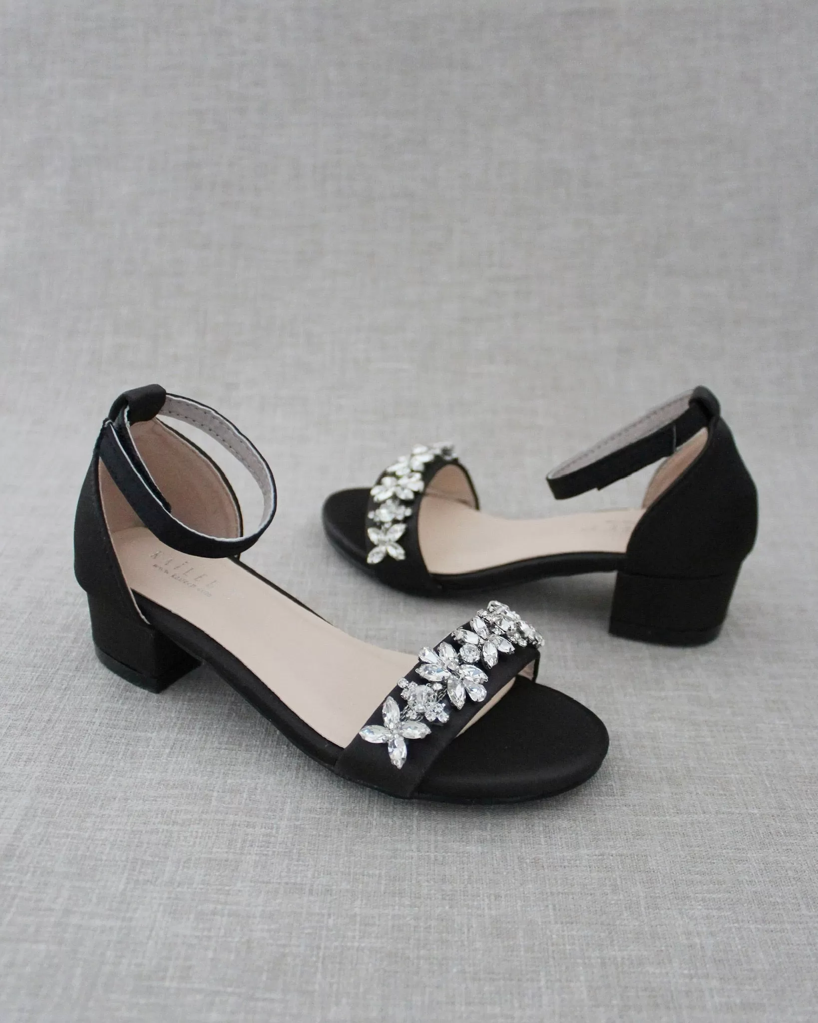 Black Satin Girls Block Heel Sandals with Floral Rhinestones