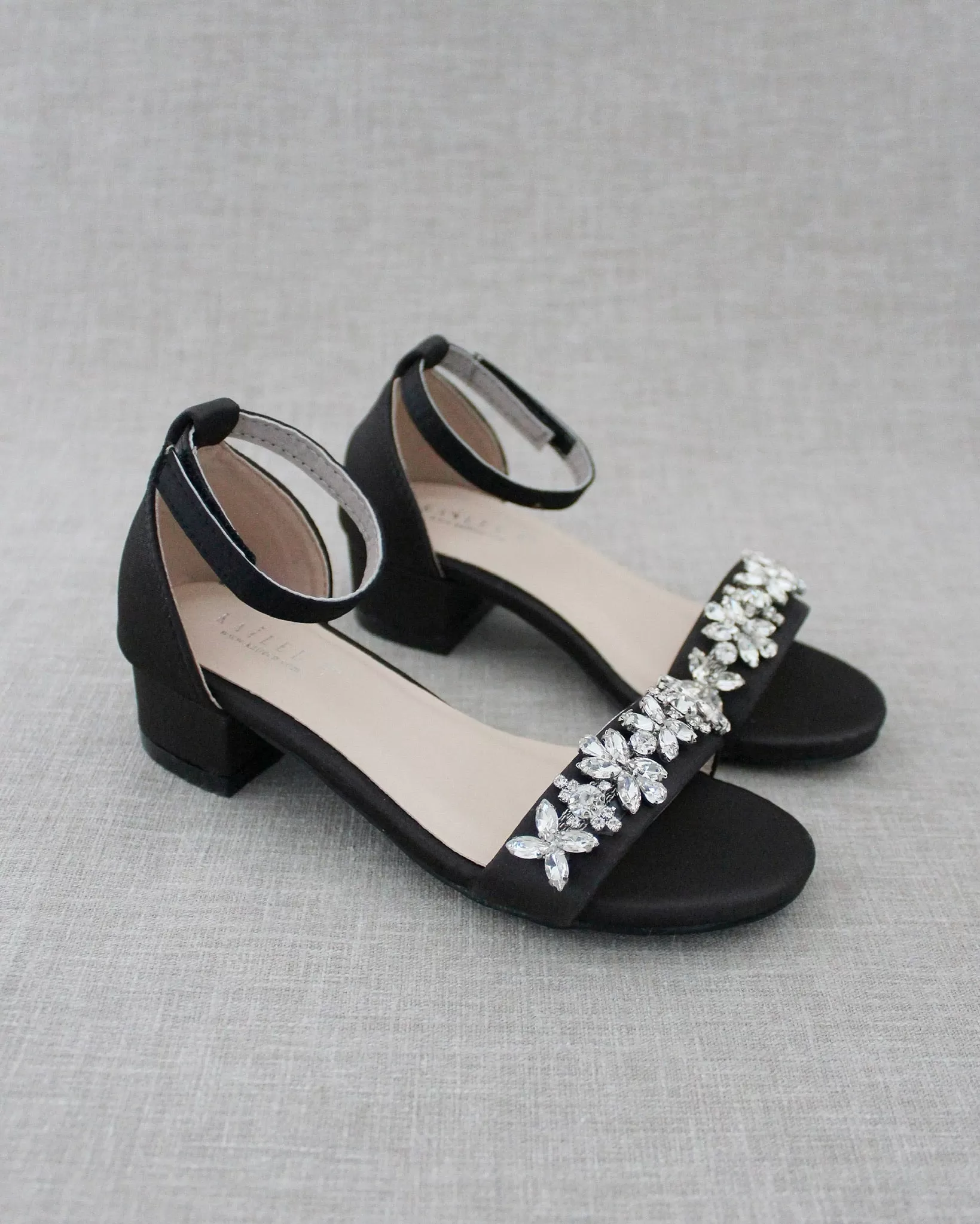 Black Satin Girls Block Heel Sandals with Floral Rhinestones