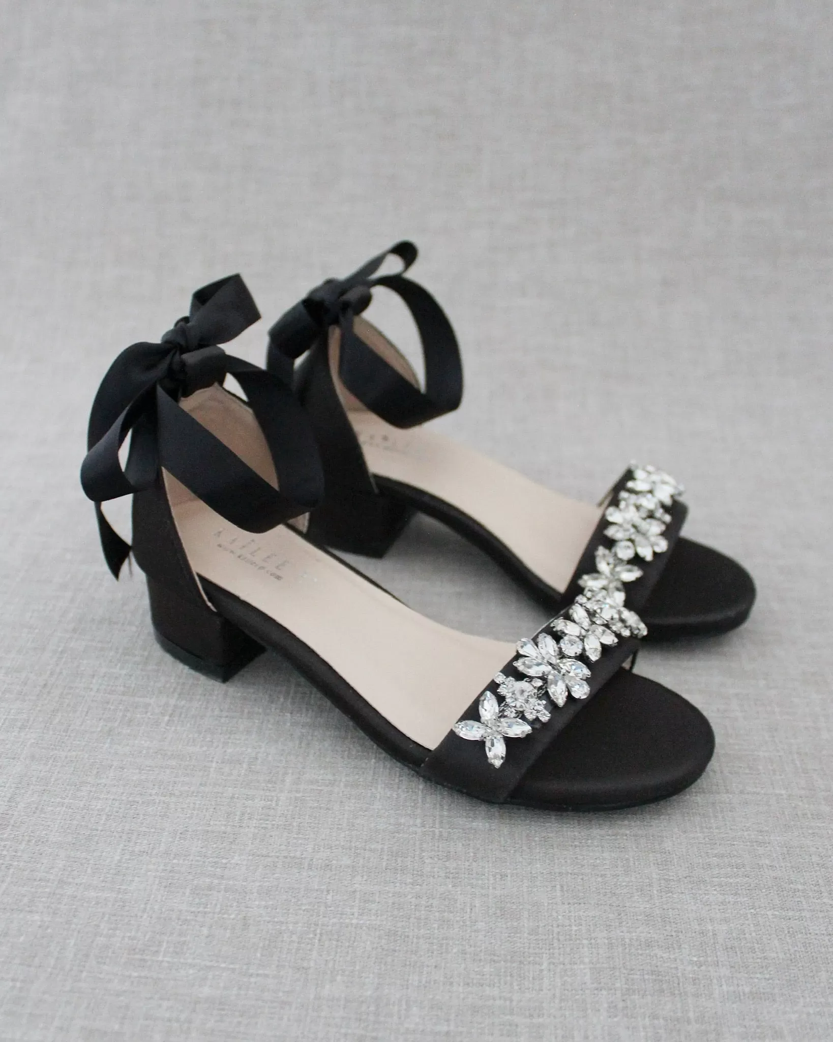 Black Satin Girls Block Heel Sandals with Floral Rhinestones