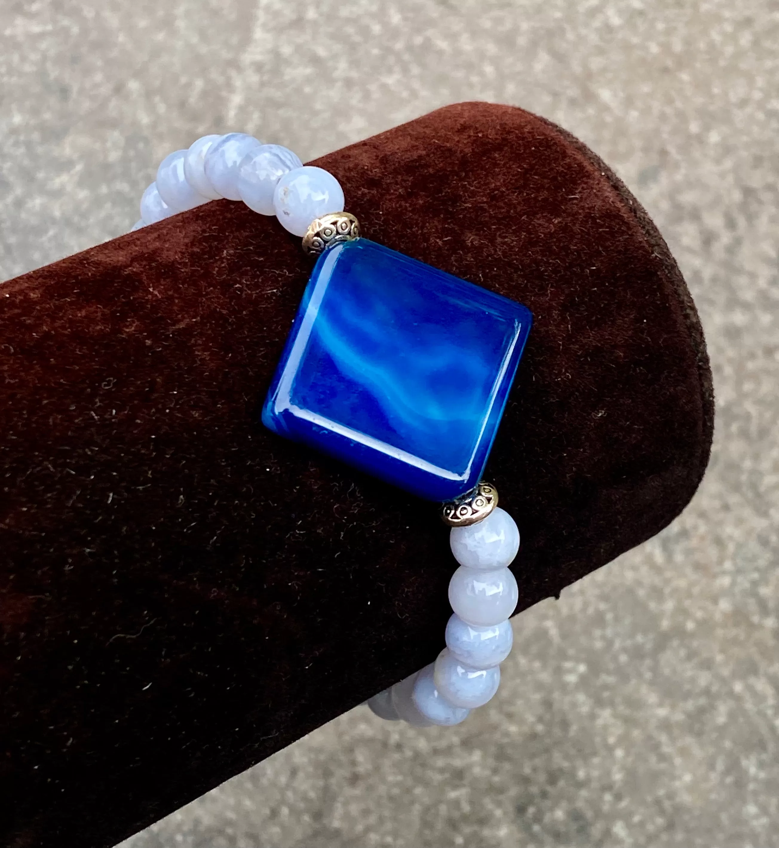 Blue Agate, Blue Lace Agate, Sterling Silver Stretch Bracelet