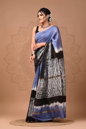 Blue Chanderi Handblock Printed Saree