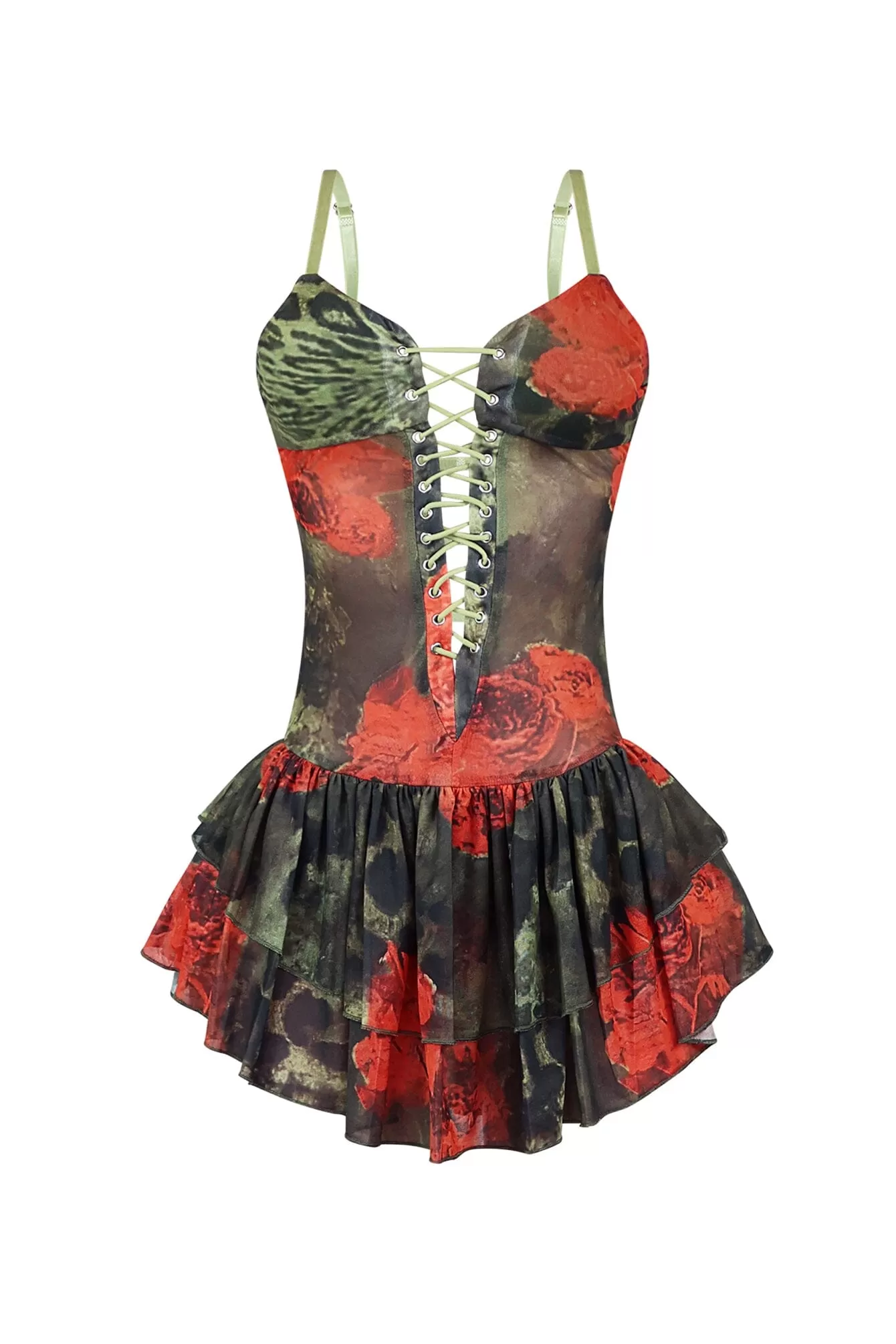 Brielle Print Mesh Corset Ruffled Mini Dress