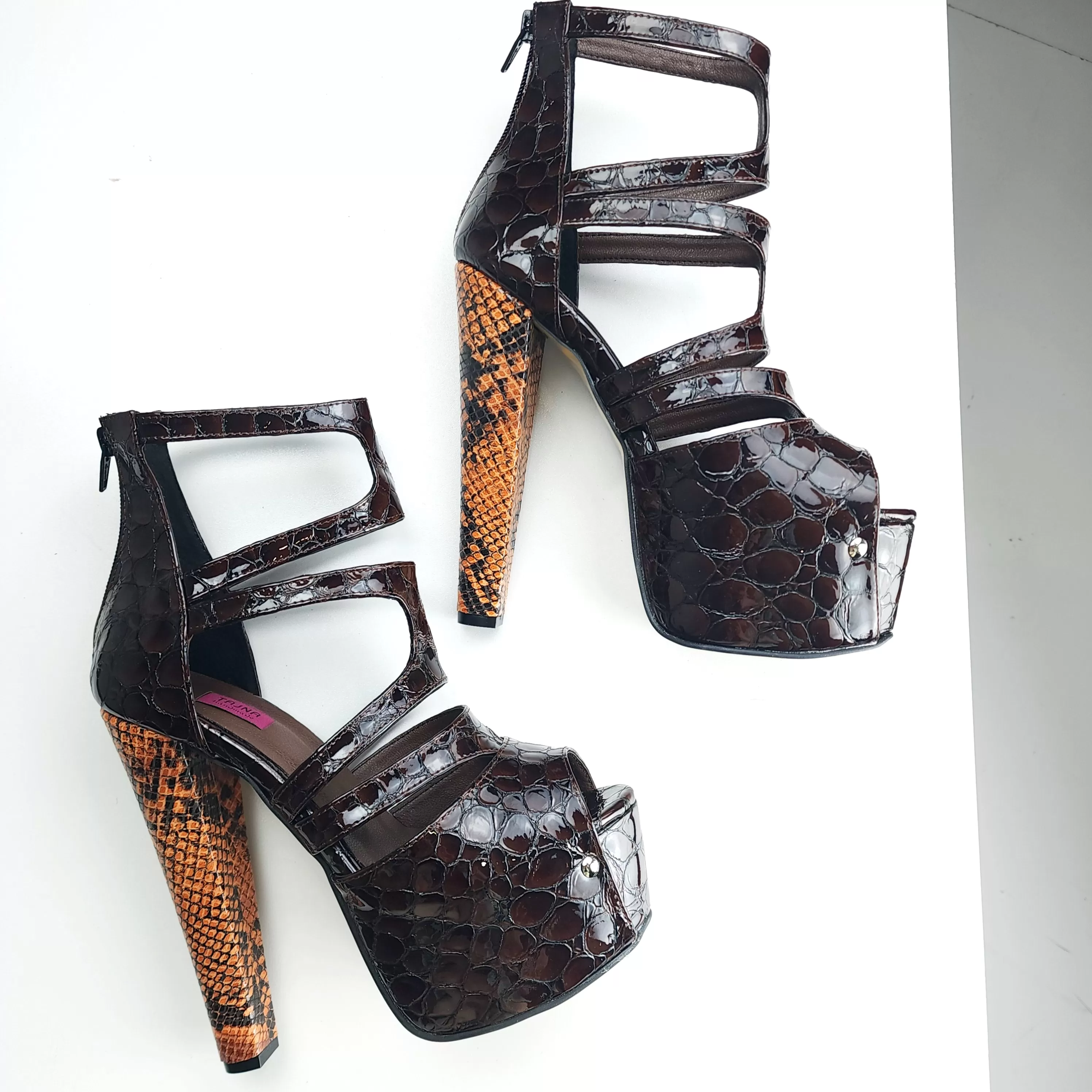 Brown Croco Chunky High Heel Platforms Snake Print Detail