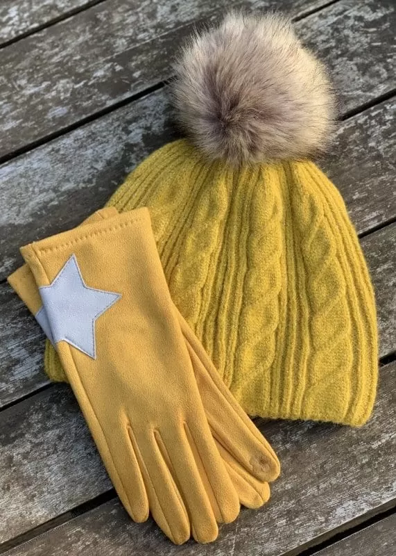 Cable Knit Pom Pom Hat - Mustard