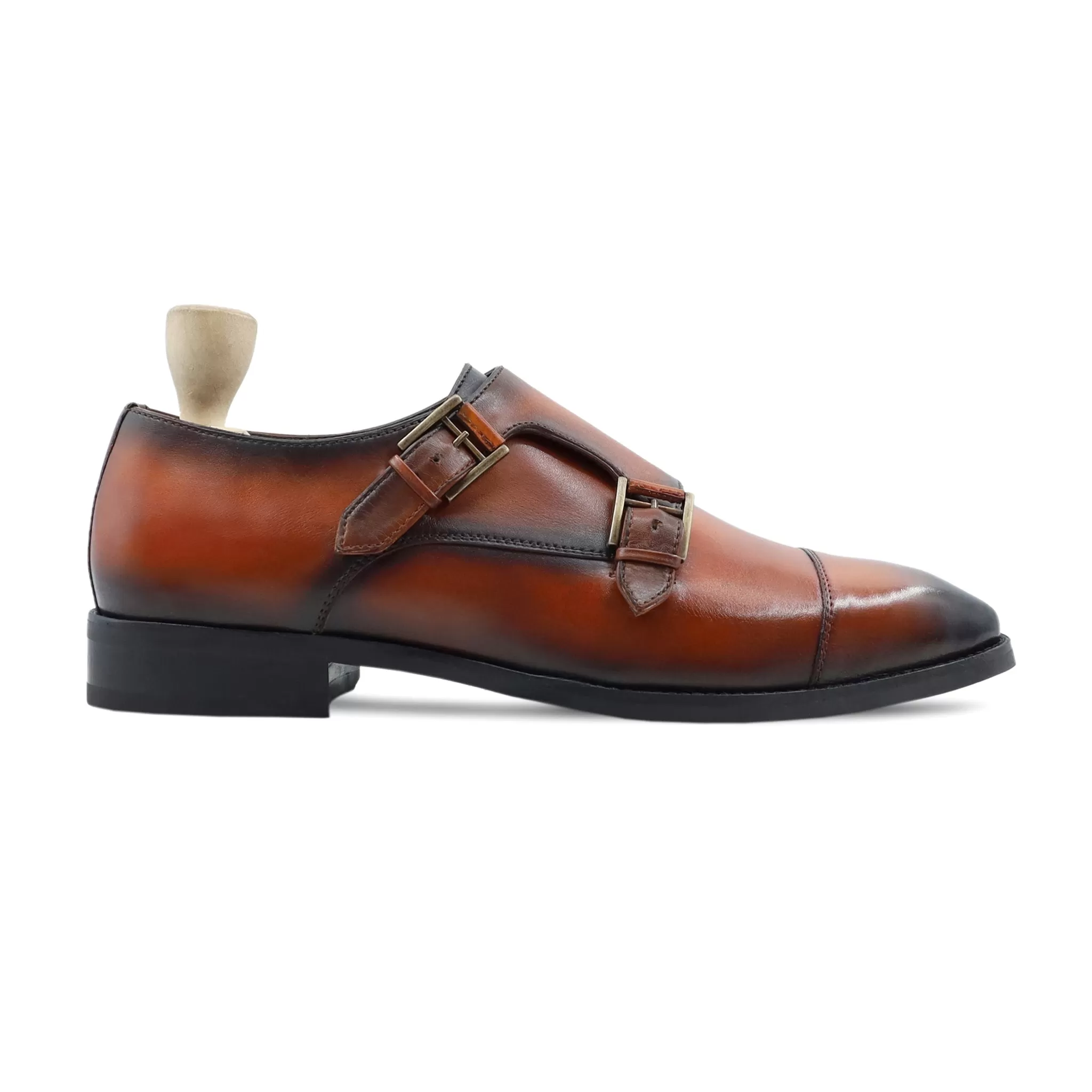 Cale - Men's Burnish Orange Tan Calf Leather Double Monkstrap