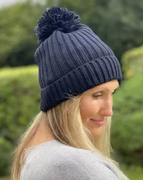 Cashmere Knit Pom Pom Hat - Navy