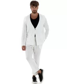 Completo Set Coordinato Uomo Lino Elegante Giacca Monopetto Senza Revers Scollata Pantaloni Basic Con Coulisse Outfit Regular Fit Bianco GIOSAL-OU2464A