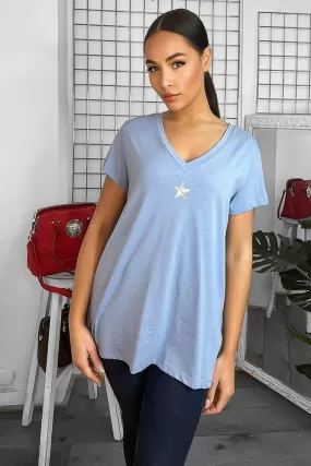 Cotton Blend V-Neck Star Embellishment T-Shirt