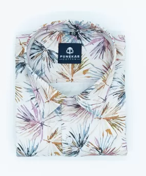 Cream Color Leaf Flower Printed Shirt For Men