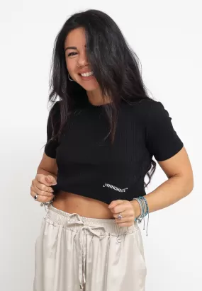 Crop Top In Costina Mezza Manica - Nero