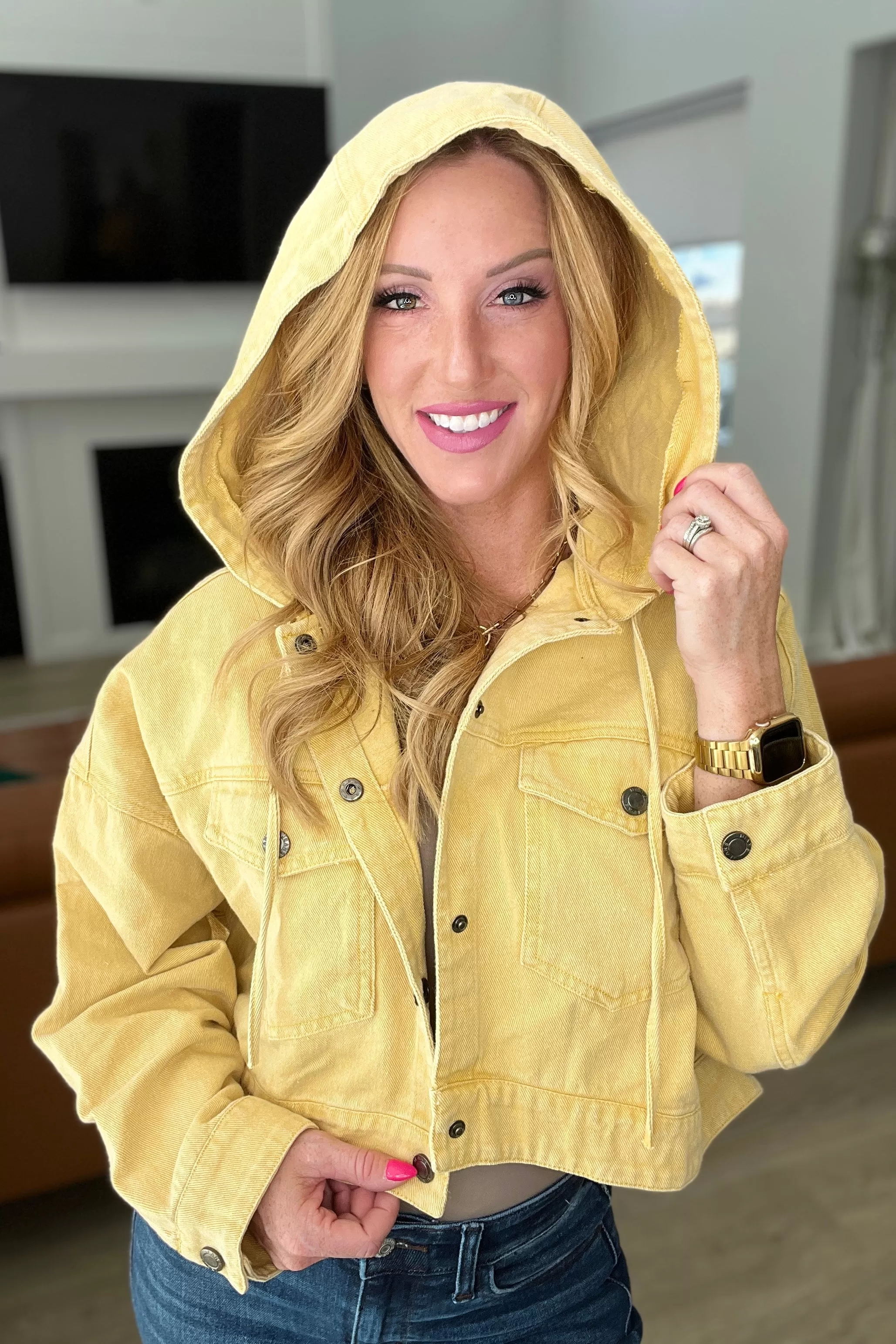 Cropped Hooded Denim Jacket in Mustard - 4/2