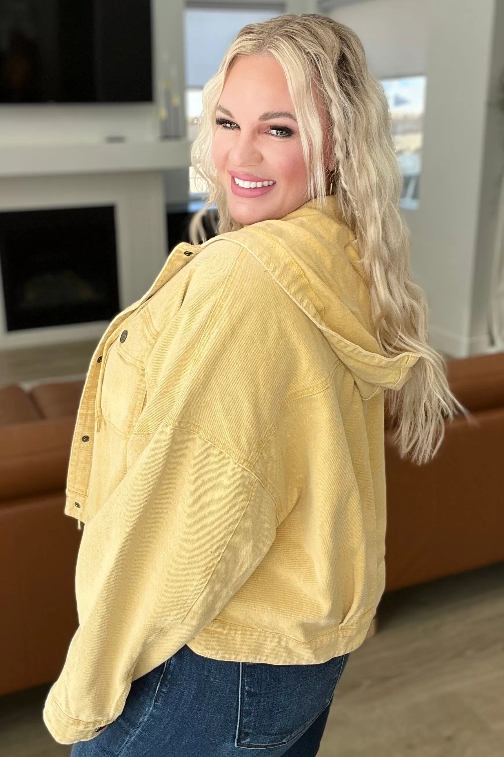 Cropped Hooded Denim Jacket in Mustard - 4/2