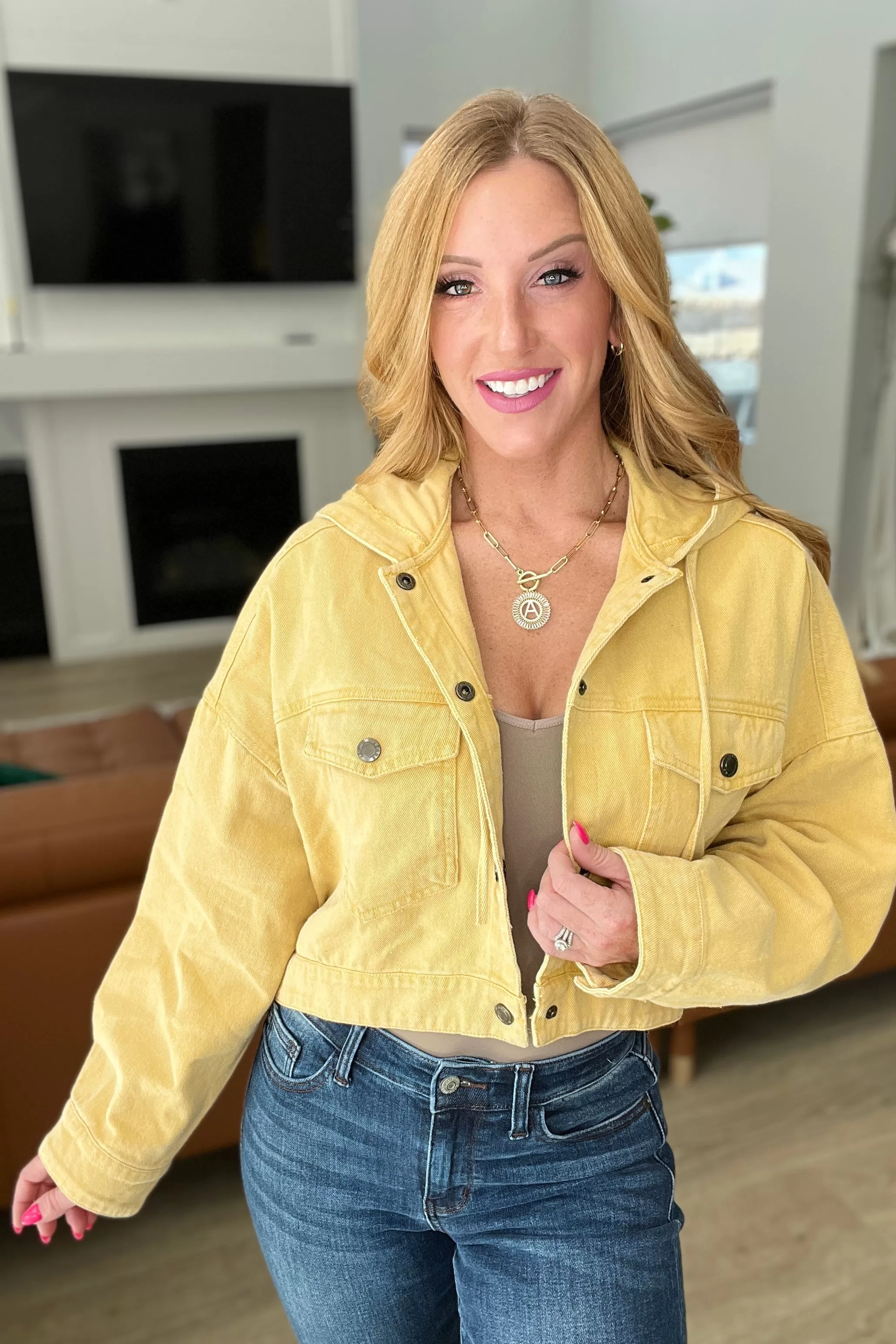 Cropped Hooded Denim Jacket in Mustard - 4/2