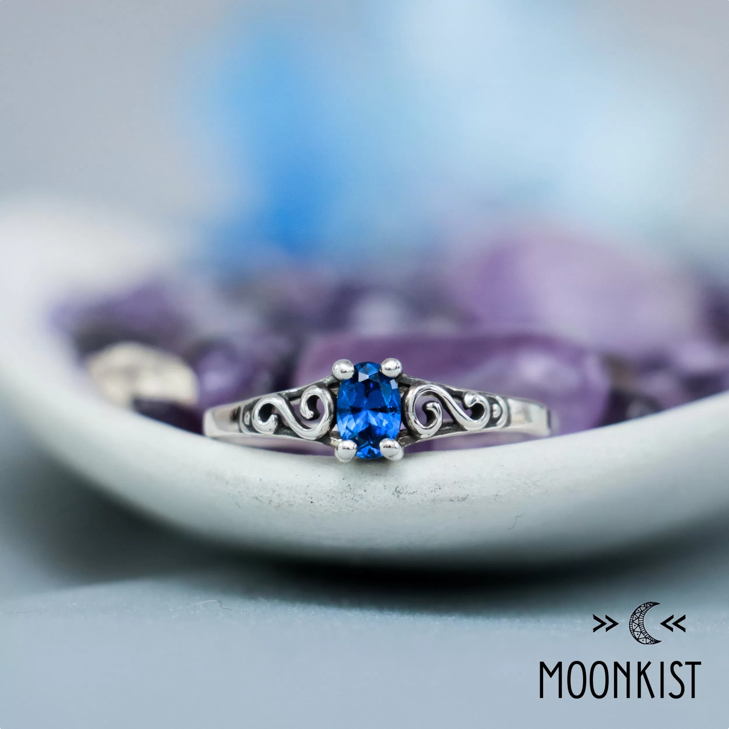 Dainty Oval Sapphire Silver Filigree Ring