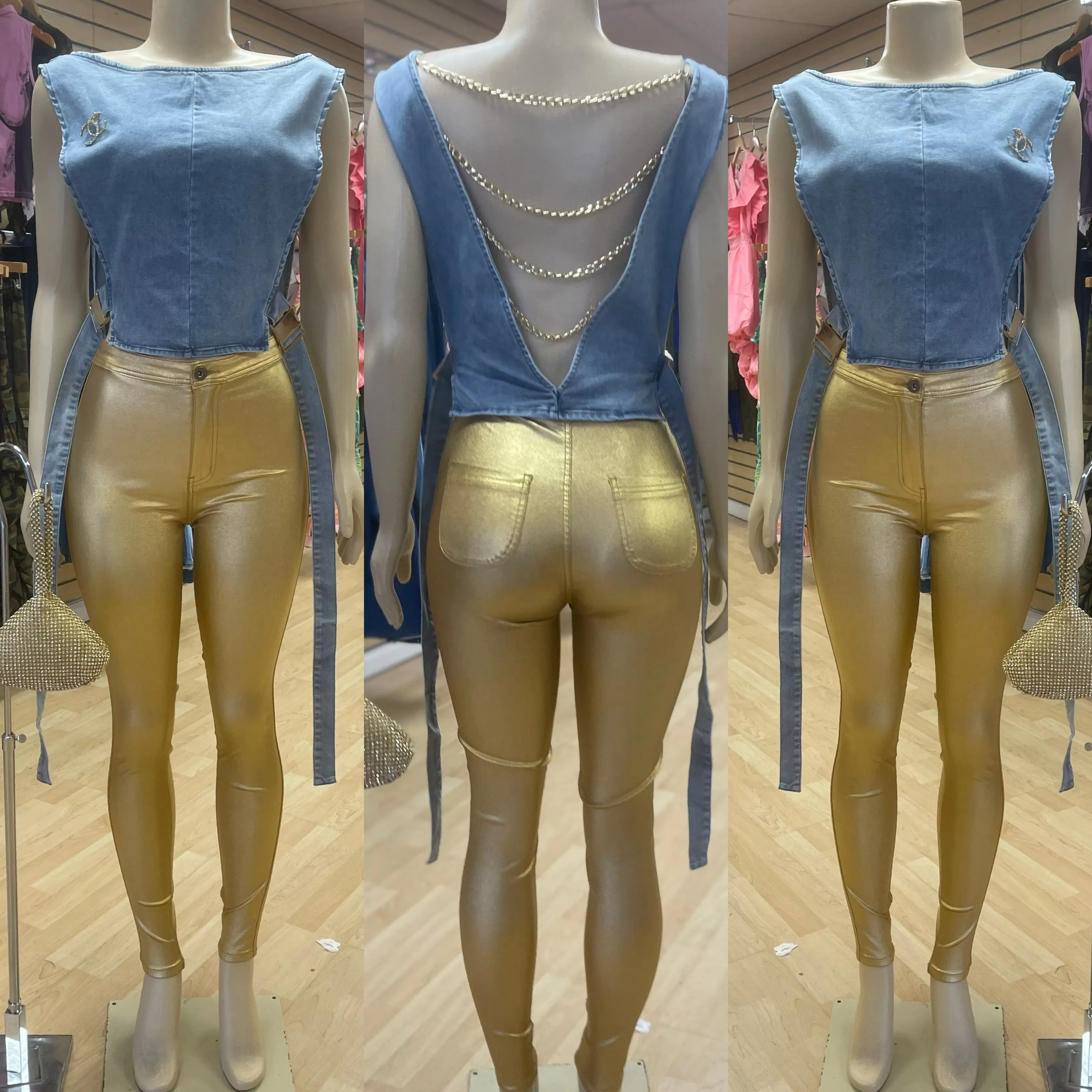 Drop some Gold Side View Denim Blue Pillow Crop Top