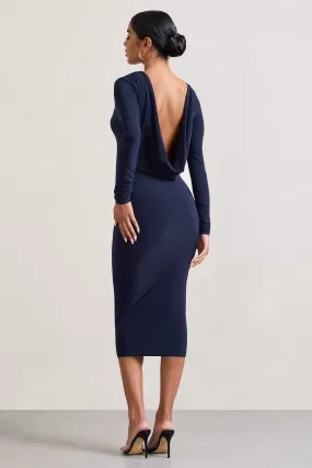 Dynasty Darling | Navy Cowl-Back Long-Sleeved Bodycon Midi Dress