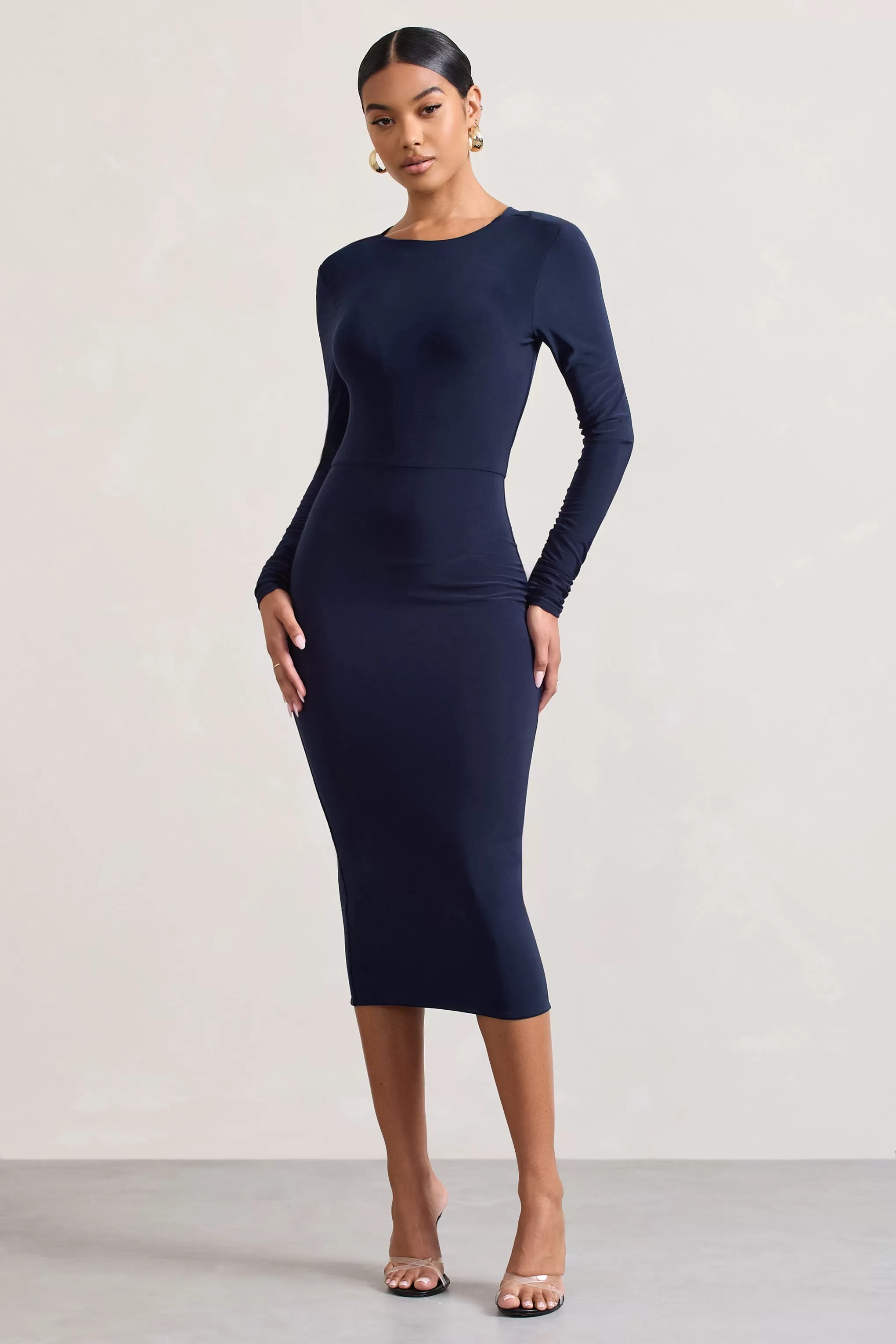 Dynasty Darling | Navy Cowl-Back Long-Sleeved Bodycon Midi Dress