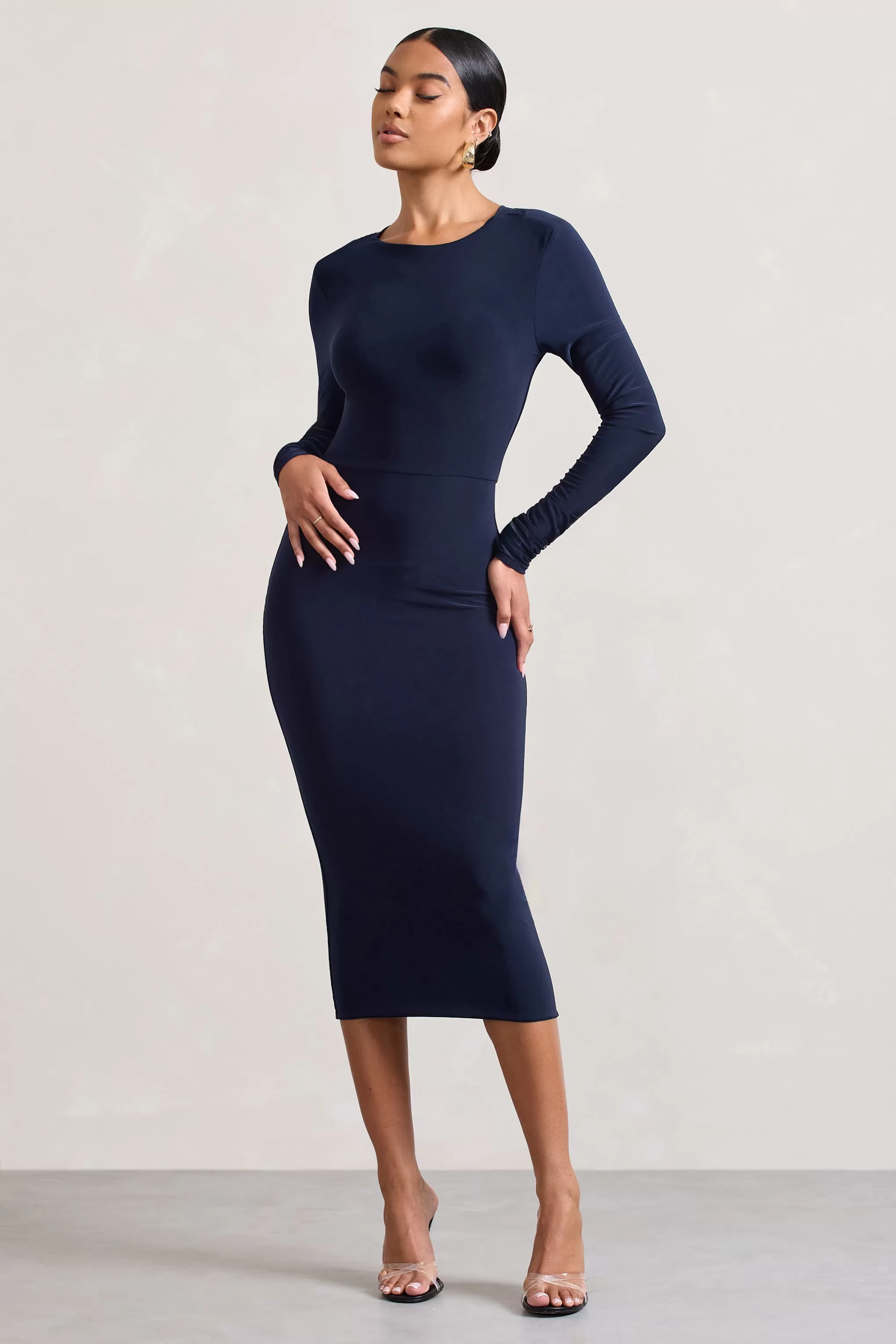 Dynasty Darling | Navy Cowl-Back Long-Sleeved Bodycon Midi Dress