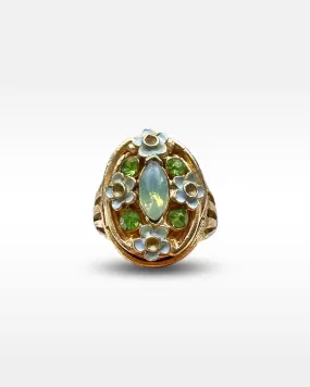 Florenza Gold Metal Green Rhinestone and Blue Enamel Locket Ring