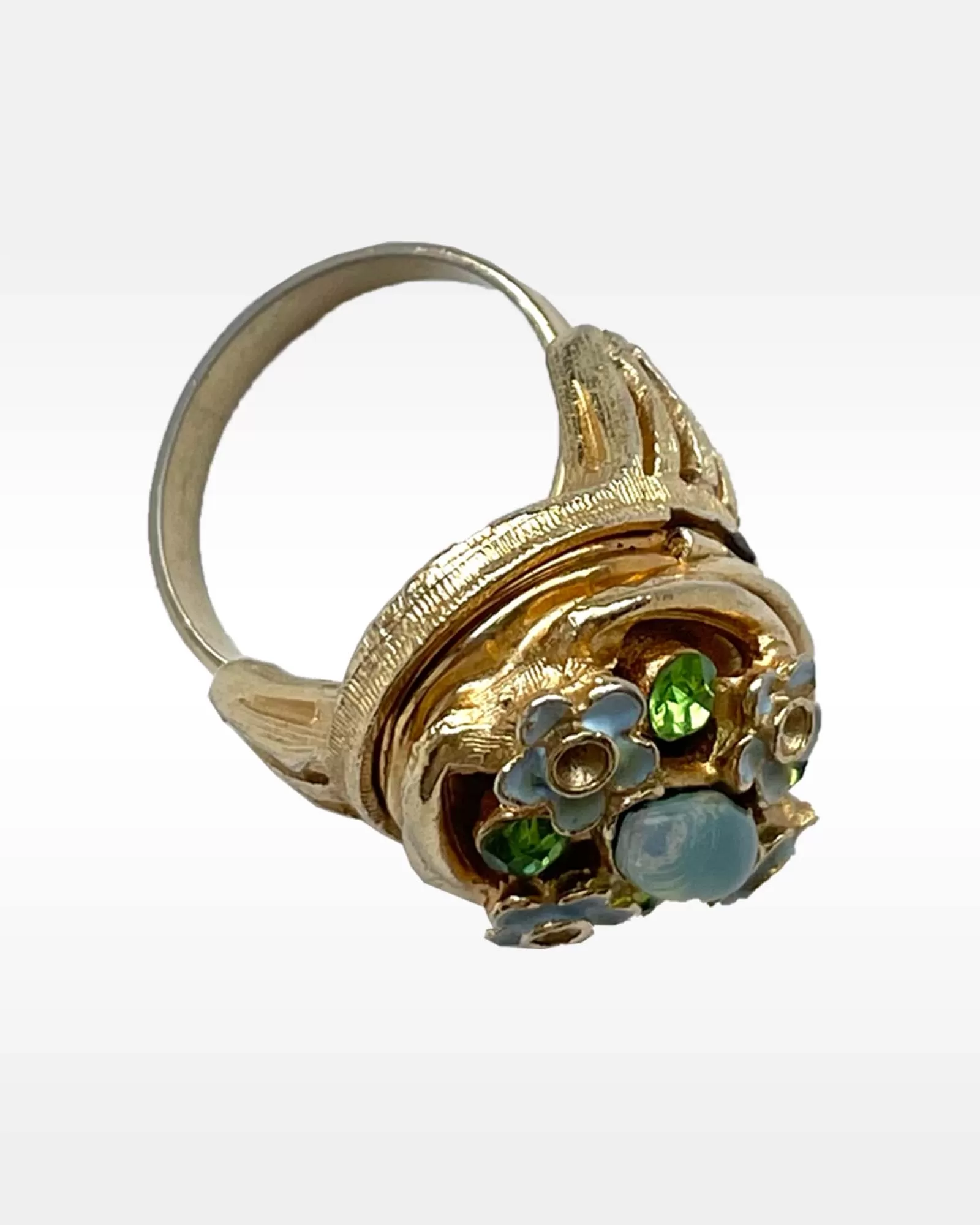 Florenza Gold Metal Green Rhinestone and Blue Enamel Locket Ring