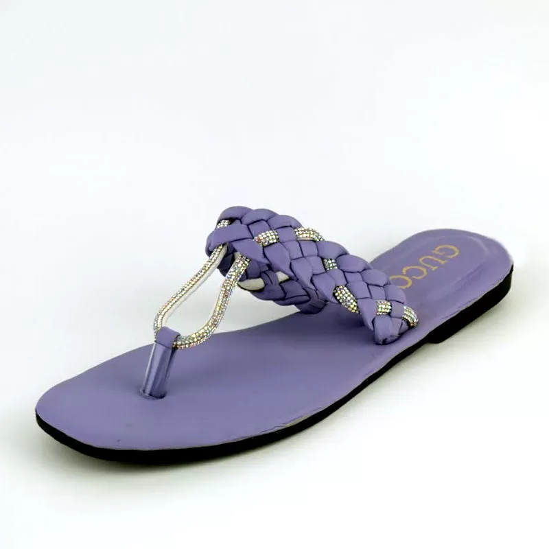 GU Flat Slippers Rhinestone Braided Style Women Thong Sandal