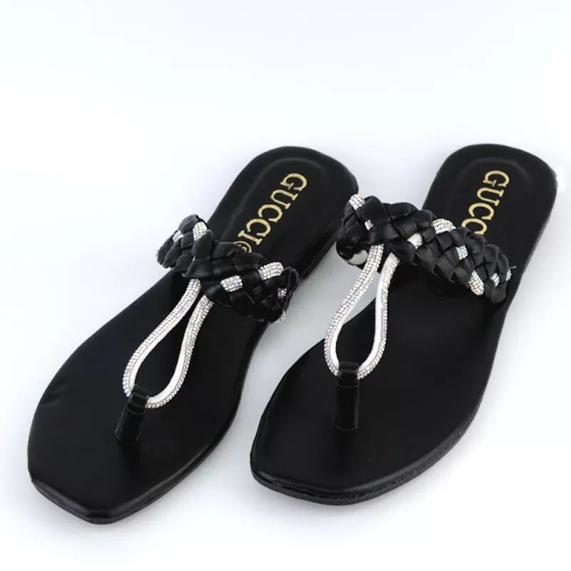 GU Flat Slippers Rhinestone Braided Style Women Thong Sandal