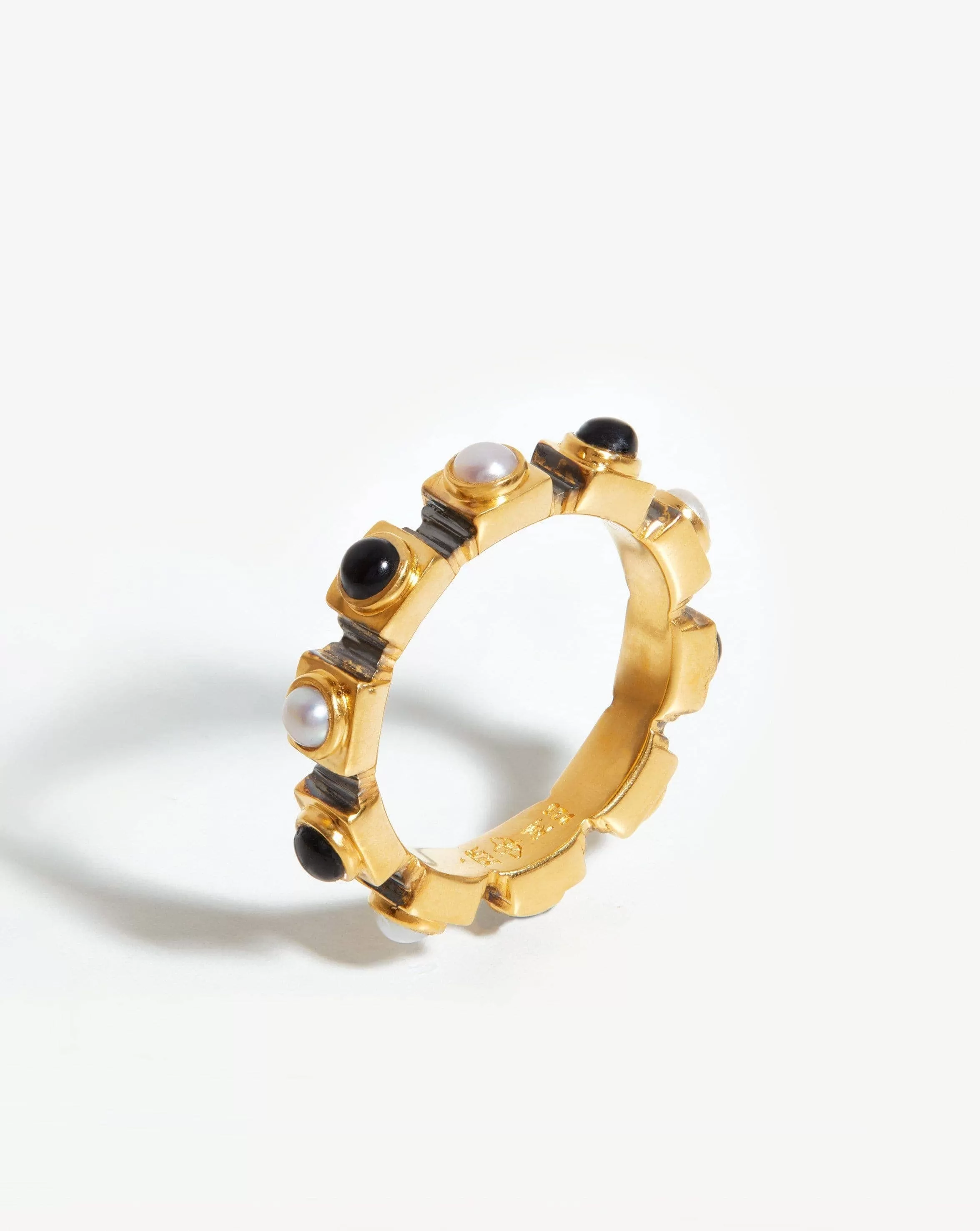 Harris Reed Gemstone Stacking Ring | 18ct Gold Plated Vermeil/Pearl & Black Onyx