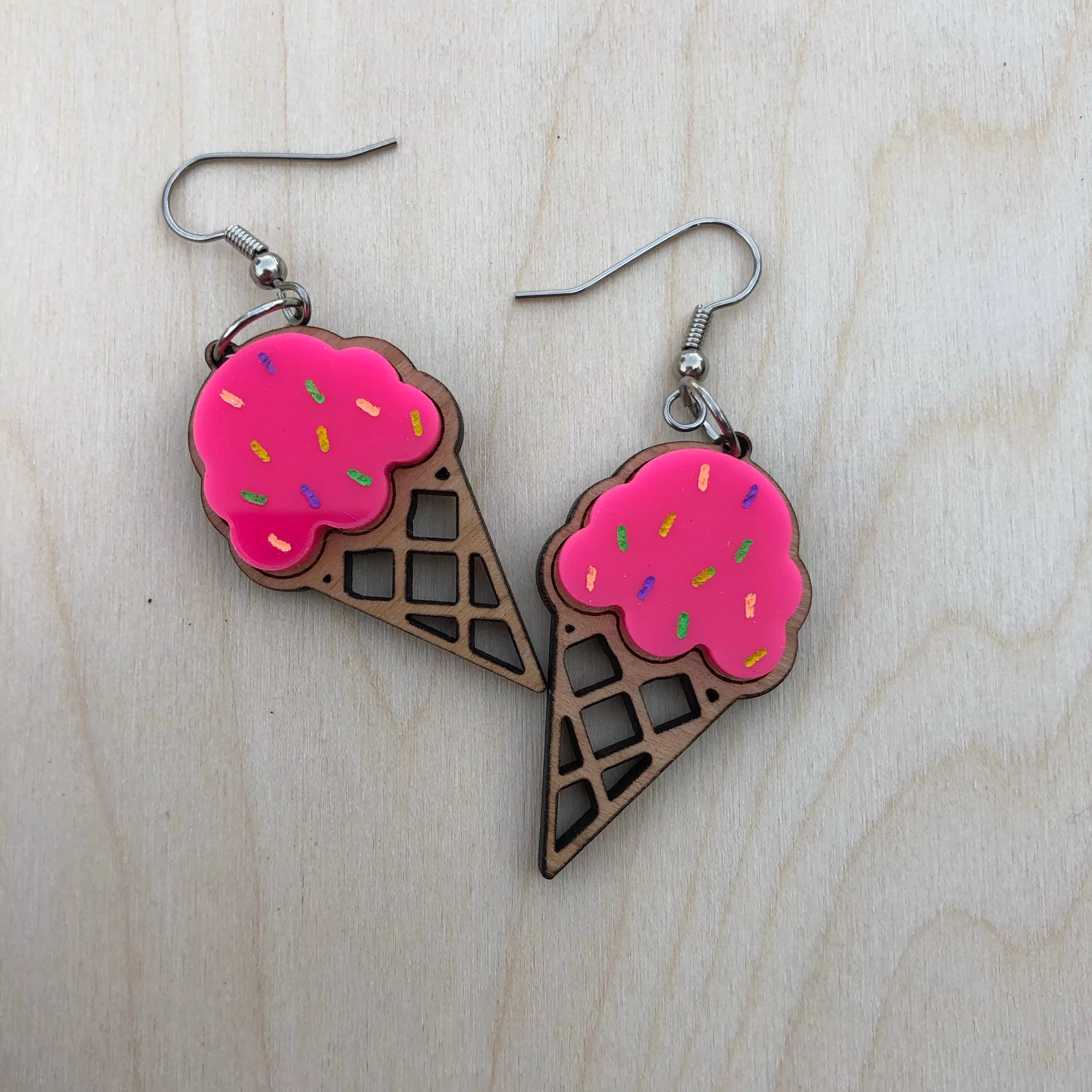 Hot Pink Ice Cream Cone Fish Hook Dangle Earrings